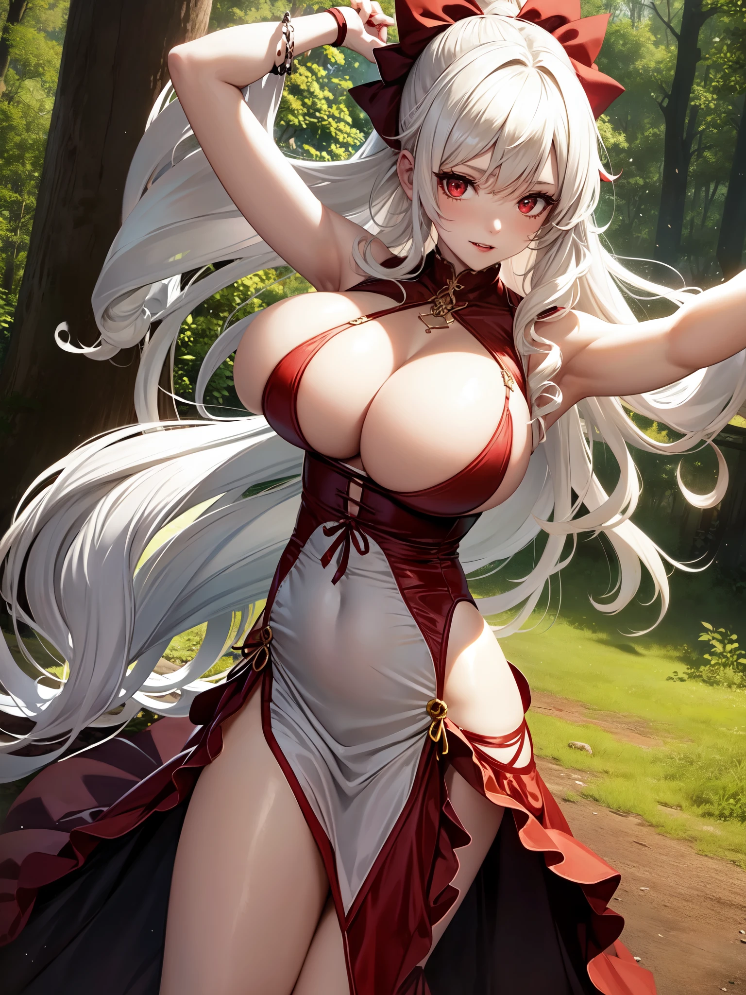 anime girl , curly white hair, wearing Halter dress top,have big breasts, dance, forest, vampire, blonde, red eyes 