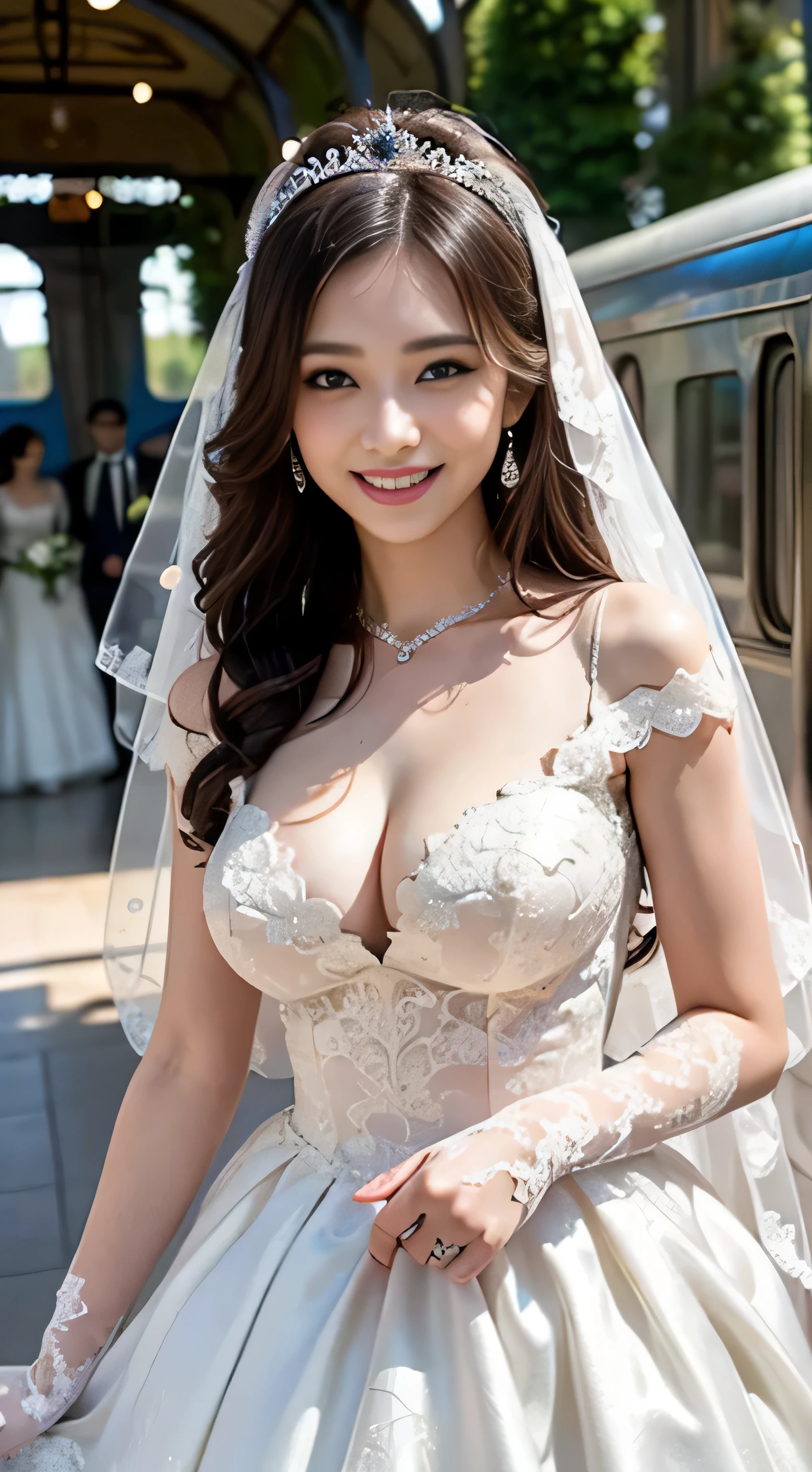 (Best Quality, masutepiece:1.2), (Realistic:1.3), (hyper detailed background, Detailed background), Bokeh, ((medium breasts:1.2)), ((Beautiful valley)),(Long Train Wedding Dresses:1.3),Bridal tiara, Bridal Veil, bridal gauntlets, Bridal Cascade Bouquet, Upper body, Mediterranean Wedding Venues, The skirt spreads round and wide, 1girl in, age, Cute,Smiling,