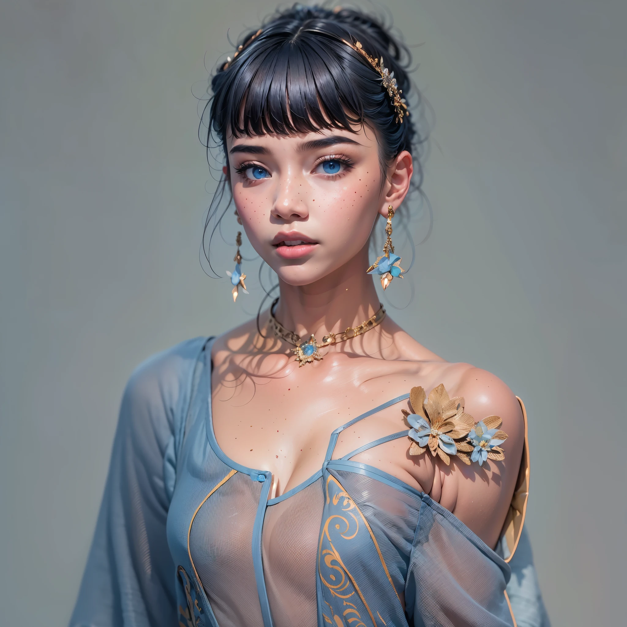 very beautiful, well-groomed girl, With clean skin, normal functions, Beautiful lips, and a slight smile on her face. beautiful figure, modern clothes, cool modern couture dress. presentation background, neutral gray-blue, in virtual space. top quality, 16 thousand.. Full HD, Cinematic rendering. Create a work of art, conveying the unique beauty of Michela.., Famous digital influencer. Focus on her unique facial expression, when she looks directly at the camera., trying to capture the intensity of her piercing blue eyes. Channel her signature style with a Spanish-style hairstyle., styled with two carefully crafted hairpieces.. Add details, reflecting her charming and avant-garde personality.. We took care of that, to convey an aura of modernity and originality, which characterizes Lil Miquela in the digital world. ., Some freckles and nevi, and short hair, wrapped