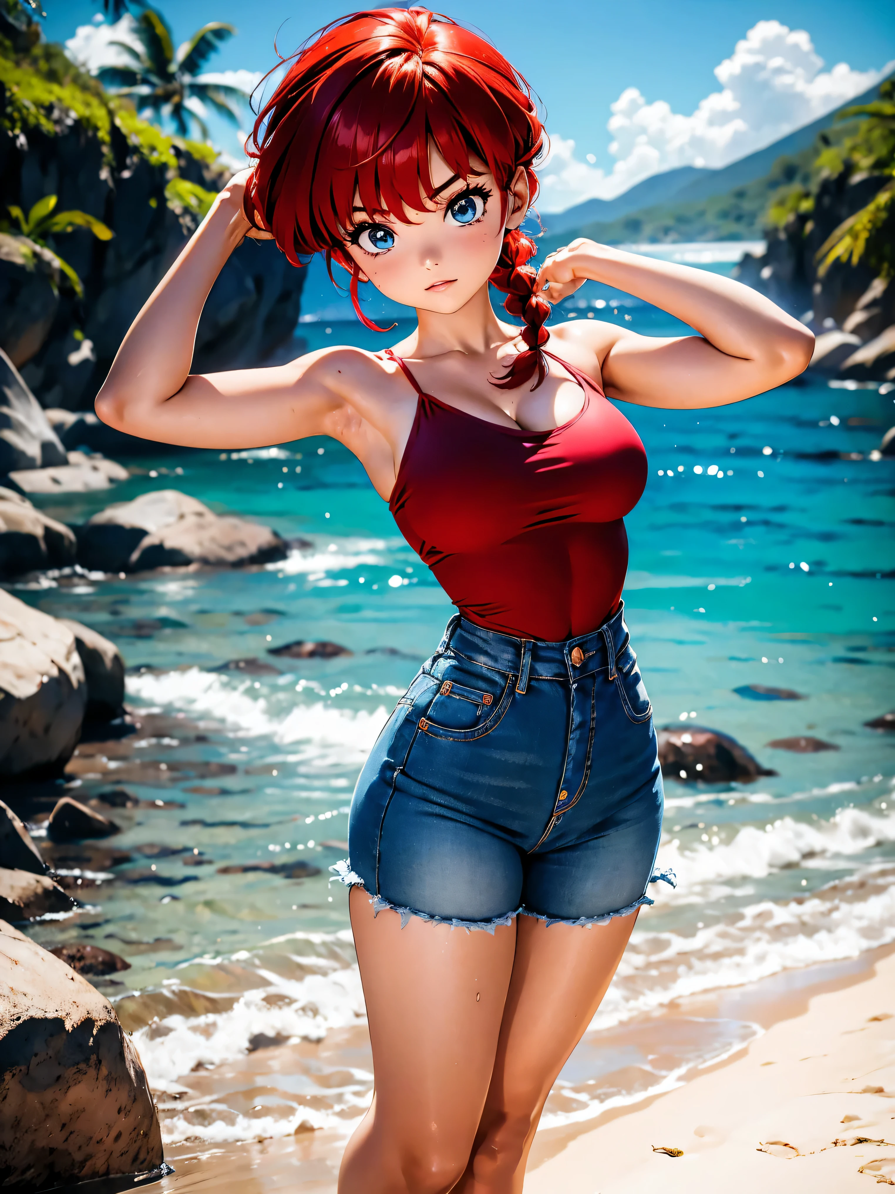 Garota anime ruiva com bermuda jeans e vestido vermelho red, saia, , corpo bonito, seios grandes, with hands behind head, running your hands through your hair, Garota sexy, red short hair with braid, mechas de cabelo laterais, mechas de cabelo na lateral do rosto, beautiful lighting, sombras suaves, olhos azuis, pernas bonitas, short hair with braid, estilo anime, Ranma Chan, Autora Rumiko Takahashi, Baseado em obra de Rumiko Takahashi, Anime Ranma 1/ 2, decote sexy, quadril robusto, corpo inteiro, corpo inteiro, busto grande, garota jovem com corpo belo e bonito tomando banho de chuva, sandals on his feet, garota 16 anosbaixa estatura, wearing jeans, garota anime, estilo anime, beautiful feet in sandals, ao ar livre, red hair braid, belos seios, oil bust