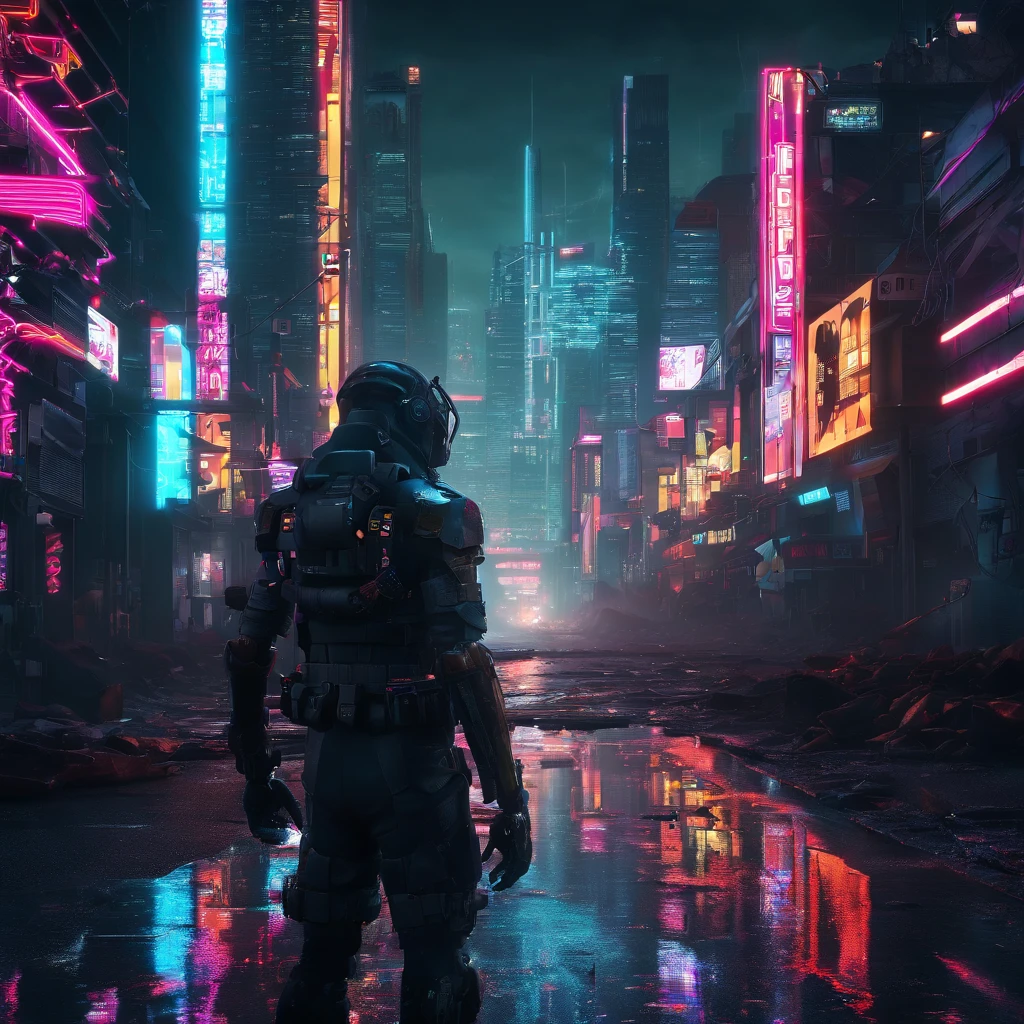 a lone figure in a neon-lit cityscape,cityscape at night,dark and rainy city streets,glowing neon signs reflecting off wet pavements,skyscrapers with holographic advertisements,hovering vehicles,zooming streaks of light,hazy mist enveloping the city,shadows and reflections in every corner,steamy vents and flickering streetlights,torrential downpour and flashing lightning,omnipresent technology and augmented reality displays,hauntingly beautiful cybernetic implants and glowing tattoos,sleek futuristic fashion with metallic accents,dystopian architecture with angular shapes,foreboding atmosphere with a sense of impending chaos,cybernetic enhancements seamlessly integrated into human bodies,visually stunning and surreal cityscapes,dreamlike and cybernetic portrayal of reality,blurred boundaries between man and machine,intense and vibrant colors illuminating the night,electrifying energy in the air,disjointed and fragmented reality,hauntingly beautiful reflections in puddles,high-tech gadgets and advanced weaponry,subtle glow of bioluminescent organisms,urban decay and worn-out infrastructure,social inequality and class divide,abandoned and dilapidated buildings contrasting with gleaming high-rises,twists and turns in narrow alleys and hidden passages,high-speed chases and thrilling action sequences,intricate and labyrinthine network of underground tunnels,alternate reality where technology rules and humanity is both enhanced and endangered,overwhelming sensory stimulation and information overload,(best quality,4k,8k,highres,masterpiece:1.2),ultra-detailed,(realistic,photorealistic,photo-realistic:1.37),HDR,UHD,studio lighting,ultra-fine painting,sharp focus,physically-based rendering,extreme detail description,professional,vivid colors,bokeh,portraits,landscape,horror,anime,sci-fi,photography,concept artists,warm and vibrant color palette,bluish tint with neon accents,harsh and contrasting light sources,soft and moody ambient lighting effect.