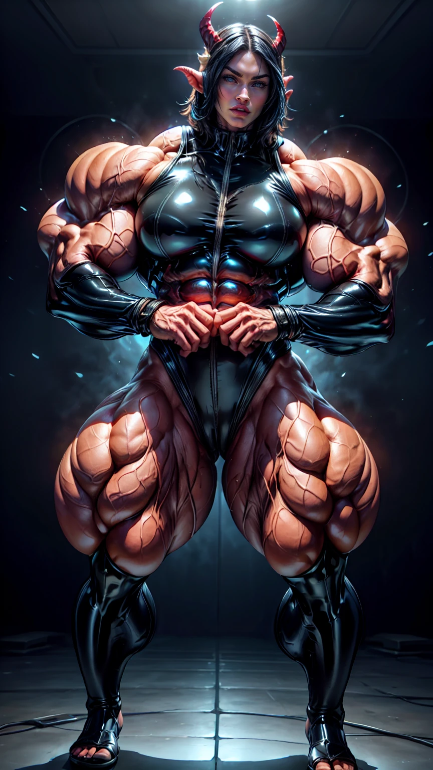 Cinematic, clear facial features and insanely detailed, the image captures the essence of (1 girl), (megan fox:1.25), (latex bodysuit:1.25), (carnage skinless muscle:1.25), (1 super muscular undead skinless succubus with gigantic horns:1.25), (exposed muscles & veins everywhere:1.25), (perfect fingers:1.25) (full body pose:1.25). The color grading is beautifully done, enhancing the overall cinematic feel. Unreal Engine makes her appearance even more mesmerizing. With depth of field (DOF), every detail is focused and accentuated, drawing attention to her eyes and hair. Peak image resolution utilizing super-resolution technology ensures pixel perfection. Cinematic lighting enhances her aura, while anti-aliasing techniques like FXAA and TXAA keep the edges smooth and clean. Adding realism to the muscular bio-mecha succubus , RTX technology enables ray tracing. Additionally, SSAO (Screen Space Ambient Occlusion) gives depth and realism to the scene, the girl's presence even more convincing. In the post-processing and post-production stages, tone mapping enhances the colors, creating a captivating visual experience. The integration of CGI (Computer-Generated Imagery) and VFX (Visual Effects brings out her demonic features seamlessly . Incredible level of detail, with intricate elements meticulously crafted, the artwork hyper maximalist and hyper-realistic. Volumetric effects add depth and dimension, with unparalleled photorealism. 8k resolution rendering ensures super detailed visuals. The volumetric lighting adds a touch of magic, highlighting her beauty and aura in an otherworldly way. High Dynamic Range (HDR) tech makes the colors pop, adding richness to the overall composition. Ultimately, this artwork presents an unreal, yet stunningly real portrayal of an incredibly beautiful bio-mecha succubus girl. The sharp focus ensures that every feature is crisply defined, creating a captivating presence. (girl face:1.45)