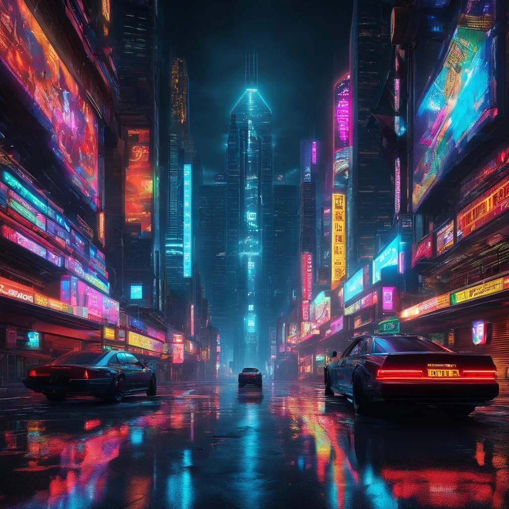 a lone figure in a neon-lit cityscape,cityscape at night,dark and rainy city streets,glowing neon signs reflecting off wet pavements,skyscrapers with holographic advertisements,hovering vehicles,zooming streaks of light,hazy mist enveloping the city,shadows and reflections in every corner,steamy vents and flickering streetlights,torrential downpour and flashing lightning,omnipresent technology and augmented reality displays,hauntingly beautiful cybernetic implants and glowing tattoos,sleek futuristic fashion with metallic accents,dystopian architecture with angular shapes,foreboding atmosphere with a sense of impending chaos,cybernetic enhancements seamlessly integrated into human bodies,visually stunning and surreal cityscapes,dreamlike and cybernetic portrayal of reality,blurred boundaries between man and machine,intense and vibrant colors illuminating the night,electrifying energy in the air,disjointed and fragmented reality,hauntingly beautiful reflections in puddles,high-tech gadgets and advanced weaponry,subtle glow of bioluminescent organisms,urban decay and worn-out infrastructure,social inequality and class divide,abandoned and dilapidated buildings contrasting with gleaming high-rises,twists and turns in narrow alleys and hidden passages,high-speed chases and thrilling action sequences,intricate and labyrinthine network of underground tunnels,alternate reality where technology rules and humanity is both enhanced and endangered,overwhelming sensory stimulation and information overload,(best quality,4k,8k,highres,masterpiece:1.2),ultra-detailed,(realistic,photorealistic,photo-realistic:1.37),HDR,UHD,studio lighting,ultra-fine painting,sharp focus,physically-based rendering,extreme detail description,professional,vivid colors,bokeh,portraits,landscape,horror,anime,sci-fi,photography,concept artists,warm and vibrant color palette,bluish tint with neon accents,harsh and contrasting light sources,soft and moody ambient lighting effect.