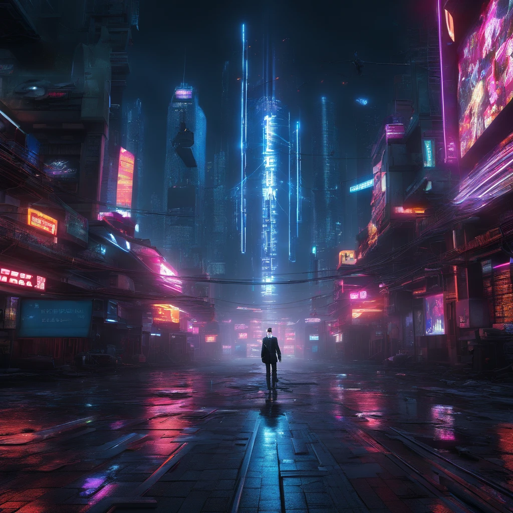 a lone figure in a neon-lit cityscape,cityscape at night,dark and rainy city streets,glowing neon signs reflecting off wet pavements,skyscrapers with holographic advertisements,hovering vehicles,zooming streaks of light,hazy mist enveloping the city,shadows and reflections in every corner,steamy vents and flickering streetlights,torrential downpour and flashing lightning,omnipresent technology and augmented reality displays,hauntingly beautiful cybernetic implants and glowing tattoos,sleek futuristic fashion with metallic accents,dystopian architecture with angular shapes,foreboding atmosphere with a sense of impending chaos,cybernetic enhancements seamlessly integrated into human bodies,visually stunning and surreal cityscapes,dreamlike and cybernetic portrayal of reality,blurred boundaries between man and machine,intense and vibrant colors illuminating the night,electrifying energy in the air,disjointed and fragmented reality,hauntingly beautiful reflections in puddles,high-tech gadgets and advanced weaponry,subtle glow of bioluminescent organisms,urban decay and worn-out infrastructure,social inequality and class divide,abandoned and dilapidated buildings contrasting with gleaming high-rises,twists and turns in narrow alleys and hidden passages,high-speed chases and thrilling action sequences,intricate and labyrinthine network of underground tunnels,alternate reality where technology rules and humanity is both enhanced and endangered,overwhelming sensory stimulation and information overload,(best quality,4k,8k,highres,masterpiece:1.2),ultra-detailed,(realistic,photorealistic,photo-realistic:1.37),HDR,UHD,studio lighting,ultra-fine painting,sharp focus,physically-based rendering,extreme detail description,professional,vivid colors,bokeh,portraits,landscape,horror,anime,sci-fi,photography,concept artists,warm and vibrant color palette,bluish tint with neon accents,harsh and contrasting light sources,soft and moody ambient lighting effect.