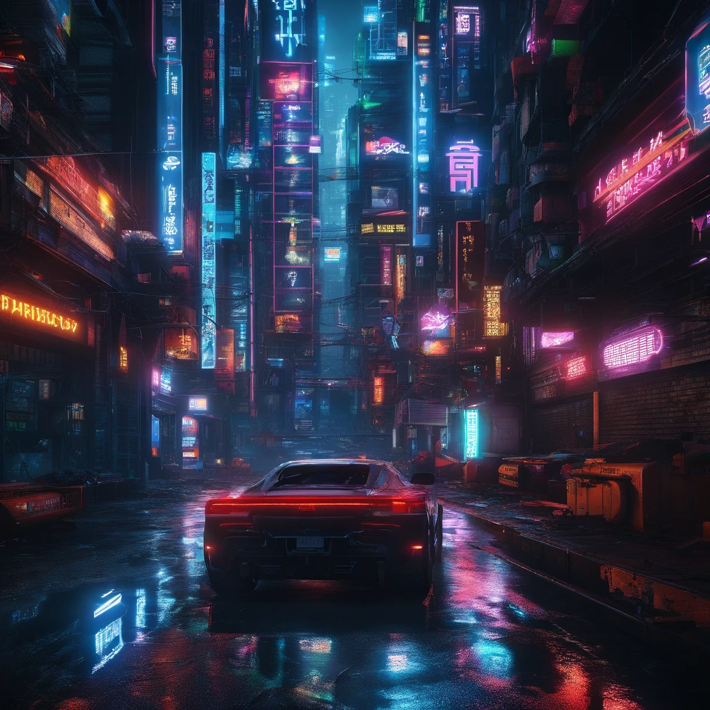 a lone figure in a neon-lit cityscape,cityscape at night,dark and rainy city streets,glowing neon signs reflecting off wet pavements,skyscrapers with holographic advertisements,hovering vehicles,zooming streaks of light,hazy mist enveloping the city,shadows and reflections in every corner,steamy vents and flickering streetlights,torrential downpour and flashing lightning,omnipresent technology and augmented reality displays,hauntingly beautiful cybernetic implants and glowing tattoos,sleek futuristic fashion with metallic accents,dystopian architecture with angular shapes,foreboding atmosphere with a sense of impending chaos,cybernetic enhancements seamlessly integrated into human bodies,visually stunning and surreal cityscapes,dreamlike and cybernetic portrayal of reality,blurred boundaries between man and machine,intense and vibrant colors illuminating the night,electrifying energy in the air,disjointed and fragmented reality,hauntingly beautiful reflections in puddles,high-tech gadgets and advanced weaponry,subtle glow of bioluminescent organisms,urban decay and worn-out infrastructure,social inequality and class divide,abandoned and dilapidated buildings contrasting with gleaming high-rises,twists and turns in narrow alleys and hidden passages,high-speed chases and thrilling action sequences,intricate and labyrinthine network of underground tunnels,alternate reality where technology rules and humanity is both enhanced and endangered,overwhelming sensory stimulation and information overload,(best quality,4k,8k,highres,masterpiece:1.2),ultra-detailed,(realistic,photorealistic,photo-realistic:1.37),HDR,UHD,studio lighting,ultra-fine painting,sharp focus,physically-based rendering,extreme detail description,professional,vivid colors,bokeh,portraits,landscape,horror,anime,sci-fi,photography,concept artists,warm and vibrant color palette,bluish tint with neon accents,harsh and contrasting light sources,soft and moody ambient lighting effect.