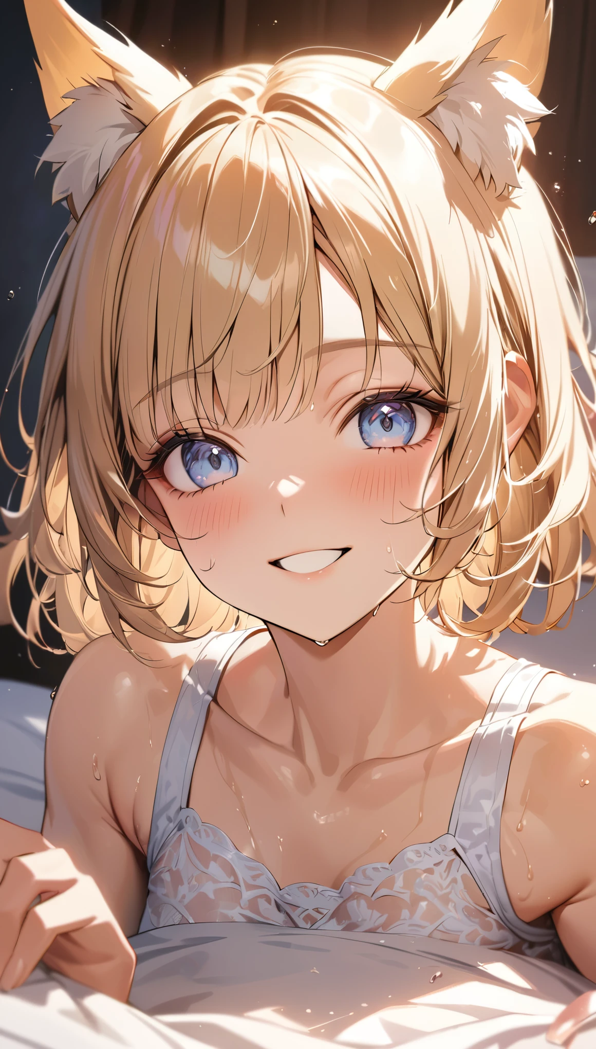 Ayaka,((golden hair)), fox ears,beautiful face,smiling,close up abs, moderate breast,sitting on a bed,wearing white sleepwear, (open mouth:0.4),illustration,detailed textures,ultra-detailed(realistic),portrait style,vivid colors,soft lighting. sweaty 