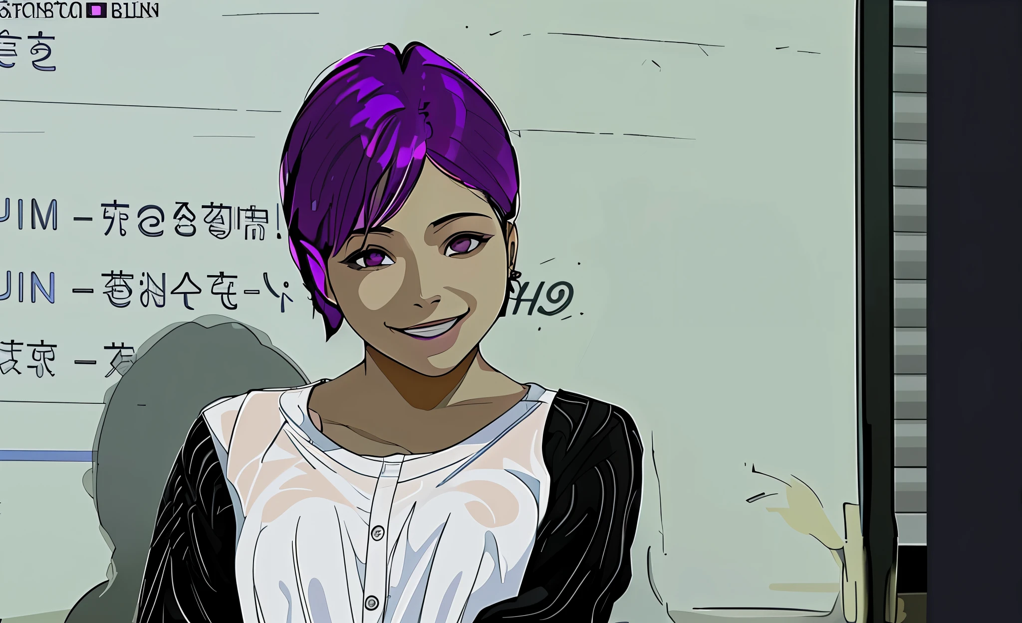 mujer de cabello morado habando y sonrrie con maldad camisa blanca con mangas negras
