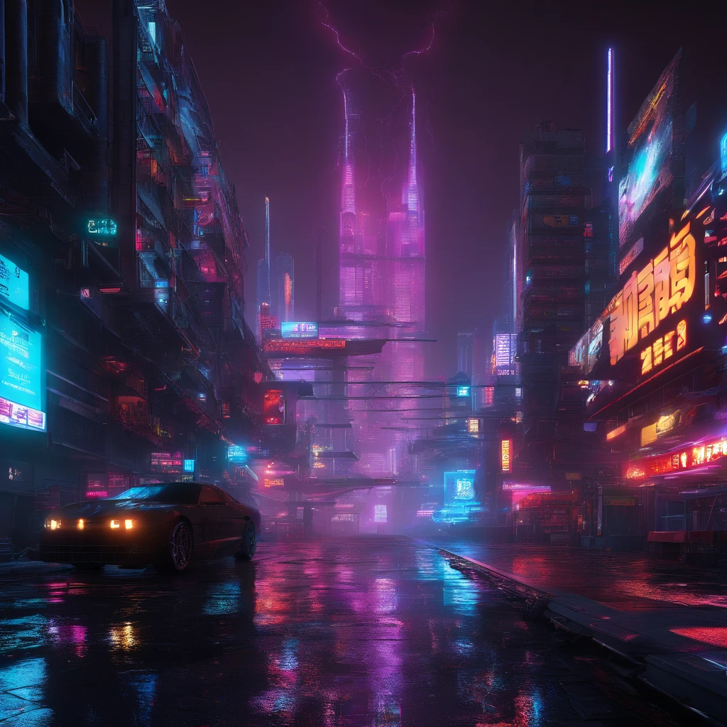 a lone figure in a neon-lit cityscape,cityscape at night,dark and rainy city streets,glowing neon signs reflecting off wet pavements,skyscrapers with holographic advertisements,hovering vehicles,zooming streaks of light,hazy mist enveloping the city,shadows and reflections in every corner,steamy vents and flickering streetlights,torrential downpour and flashing lightning,omnipresent technology and augmented reality displays,hauntingly beautiful cybernetic implants and glowing tattoos,sleek futuristic fashion with metallic accents,dystopian architecture with angular shapes,foreboding atmosphere with a sense of impending chaos,cybernetic enhancements seamlessly integrated into human bodies,visually stunning and surreal cityscapes,dreamlike and cybernetic portrayal of reality,blurred boundaries between man and machine,intense and vibrant colors illuminating the night,electrifying energy in the air,disjointed and fragmented reality,hauntingly beautiful reflections in puddles,high-tech gadgets and advanced weaponry,subtle glow of bioluminescent organisms,urban decay and worn-out infrastructure,social inequality and class divide,abandoned and dilapidated buildings contrasting with gleaming high-rises,twists and turns in narrow alleys and hidden passages,high-speed chases and thrilling action sequences,intricate and labyrinthine network of underground tunnels,alternate reality where technology rules and humanity is both enhanced and endangered,overwhelming sensory stimulation and information overload,(best quality,4k,8k,highres,masterpiece:1.2),ultra-detailed,(realistic,photorealistic,photo-realistic:1.37),HDR,UHD,studio lighting,ultra-fine painting,sharp focus,physically-based rendering,extreme detail description,professional,vivid colors,bokeh,portraits,landscape,horror,anime,sci-fi,photography,concept artists,warm and vibrant color palette,bluish tint with neon accents,harsh and contrasting light sources,soft and moody ambient lighting effect.