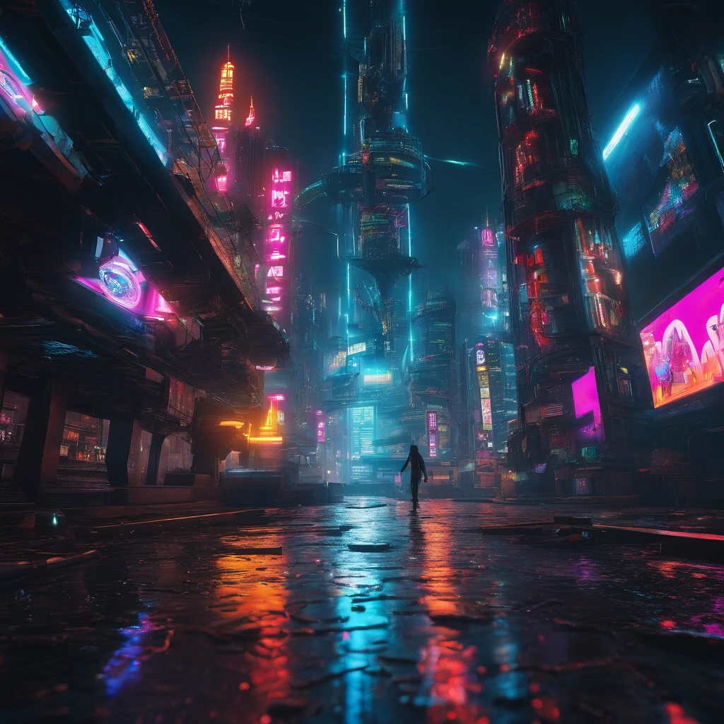 a lone figure in a neon-lit cityscape,cityscape at night,dark and rainy city streets,glowing neon signs reflecting off wet pavements,skyscrapers with holographic advertisements,hovering vehicles,zooming streaks of light,hazy mist enveloping the city,shadows and reflections in every corner,steamy vents and flickering streetlights,torrential downpour and flashing lightning,omnipresent technology and augmented reality displays,hauntingly beautiful cybernetic implants and glowing tattoos,sleek futuristic fashion with metallic accents,dystopian architecture with angular shapes,foreboding atmosphere with a sense of impending chaos,cybernetic enhancements seamlessly integrated into human bodies,visually stunning and surreal cityscapes,dreamlike and cybernetic portrayal of reality,blurred boundaries between man and machine,intense and vibrant colors illuminating the night,electrifying energy in the air,disjointed and fragmented reality,hauntingly beautiful reflections in puddles,high-tech gadgets and advanced weaponry,subtle glow of bioluminescent organisms,urban decay and worn-out infrastructure,social inequality and class divide,abandoned and dilapidated buildings contrasting with gleaming high-rises,twists and turns in narrow alleys and hidden passages,high-speed chases and thrilling action sequences,intricate and labyrinthine network of underground tunnels,alternate reality where technology rules and humanity is both enhanced and endangered,overwhelming sensory stimulation and information overload,(best quality,4k,8k,highres,masterpiece:1.2),ultra-detailed,(realistic,photorealistic,photo-realistic:1.37),HDR,UHD,studio lighting,ultra-fine painting,sharp focus,physically-based rendering,extreme detail description,professional,vivid colors,bokeh,portraits,landscape,horror,anime,sci-fi,photography,concept artists,warm and vibrant color palette,bluish tint with neon accents,harsh and contrasting light sources,soft and moody ambient lighting effect.