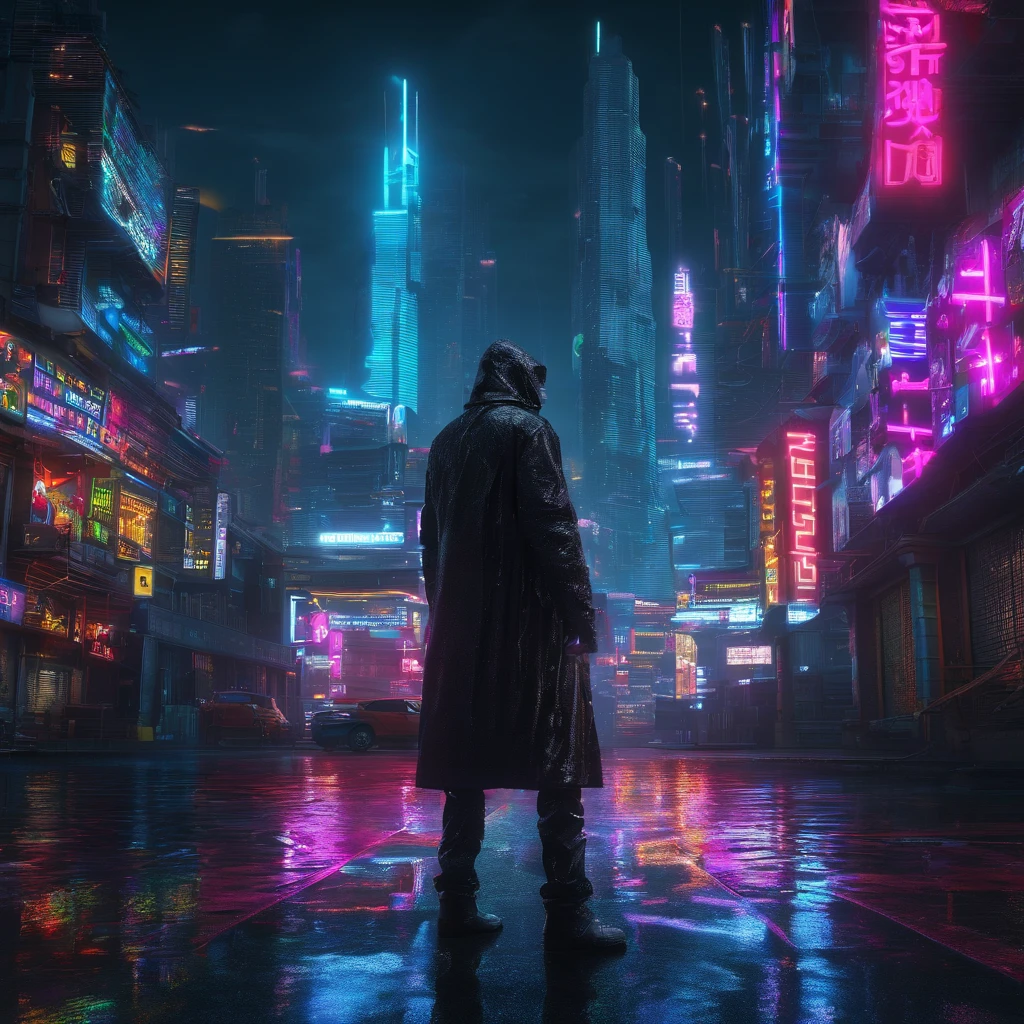 a lone figure in a neon-lit cityscape,cityscape at night,dark and rainy city streets,glowing neon signs reflecting off wet pavements,skyscrapers with holographic advertisements,hovering vehicles,zooming streaks of light,hazy mist enveloping the city,shadows and reflections in every corner,steamy vents and flickering streetlights,torrential downpour and flashing lightning,omnipresent technology and augmented reality displays,hauntingly beautiful cybernetic implants and glowing tattoos,sleek futuristic fashion with metallic accents,dystopian architecture with angular shapes,foreboding atmosphere with a sense of impending chaos,cybernetic enhancements seamlessly integrated into human bodies,visually stunning and surreal cityscapes,dreamlike and cybernetic portrayal of reality,blurred boundaries between man and machine,intense and vibrant colors illuminating the night,electrifying energy in the air,disjointed and fragmented reality,hauntingly beautiful reflections in puddles,high-tech gadgets and advanced weaponry,subtle glow of bioluminescent organisms,urban decay and worn-out infrastructure,social inequality and class divide,abandoned and dilapidated buildings contrasting with gleaming high-rises,twists and turns in narrow alleys and hidden passages,high-speed chases and thrilling action sequences,intricate and labyrinthine network of underground tunnels,alternate reality where technology rules and humanity is both enhanced and endangered,overwhelming sensory stimulation and information overload,(best quality,4k,8k,highres,masterpiece:1.2),ultra-detailed,(realistic,photorealistic,photo-realistic:1.37),HDR,UHD,studio lighting,ultra-fine painting,sharp focus,physically-based rendering,extreme detail description,professional,vivid colors,bokeh,portraits,landscape,horror,anime,sci-fi,photography,concept artists,warm and vibrant color palette,bluish tint with neon accents,harsh and contrasting light sources,soft and moody ambient lighting effect.