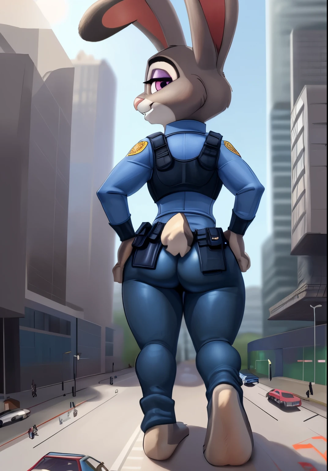 [judyhopps], (wamudraws), (siroc)], ((Obra maestra)), ((hd)), ((high resolution)), ((retrato en solitario)), ((cuerpo completo)), ((vista trasera)), ((pies visibles)), ((peludo; antro)), ((piel detallada)), ((sombreado detallado)), ((hermoso arte de renderizado)), {antro rabbit; pelaje gris, nariz negra, (orejas de conejo multicolores), (citar ojos morados), (caderas curvas), (bonitas piernas), (pies hermosos), (detailed peludo soles), (linda sonrisa)}, {(uniforme de policia), (ZPD police badge), (pantalones azules ajustados)}, {(de pie), (manos en la cadera), (looking towards attracting the viewer)}, [Fondo; (zootopia city), (rascacielos), (cielo azul), (rayos de sol)], ((macro:2)), ((wide hips)), ((butt:2))