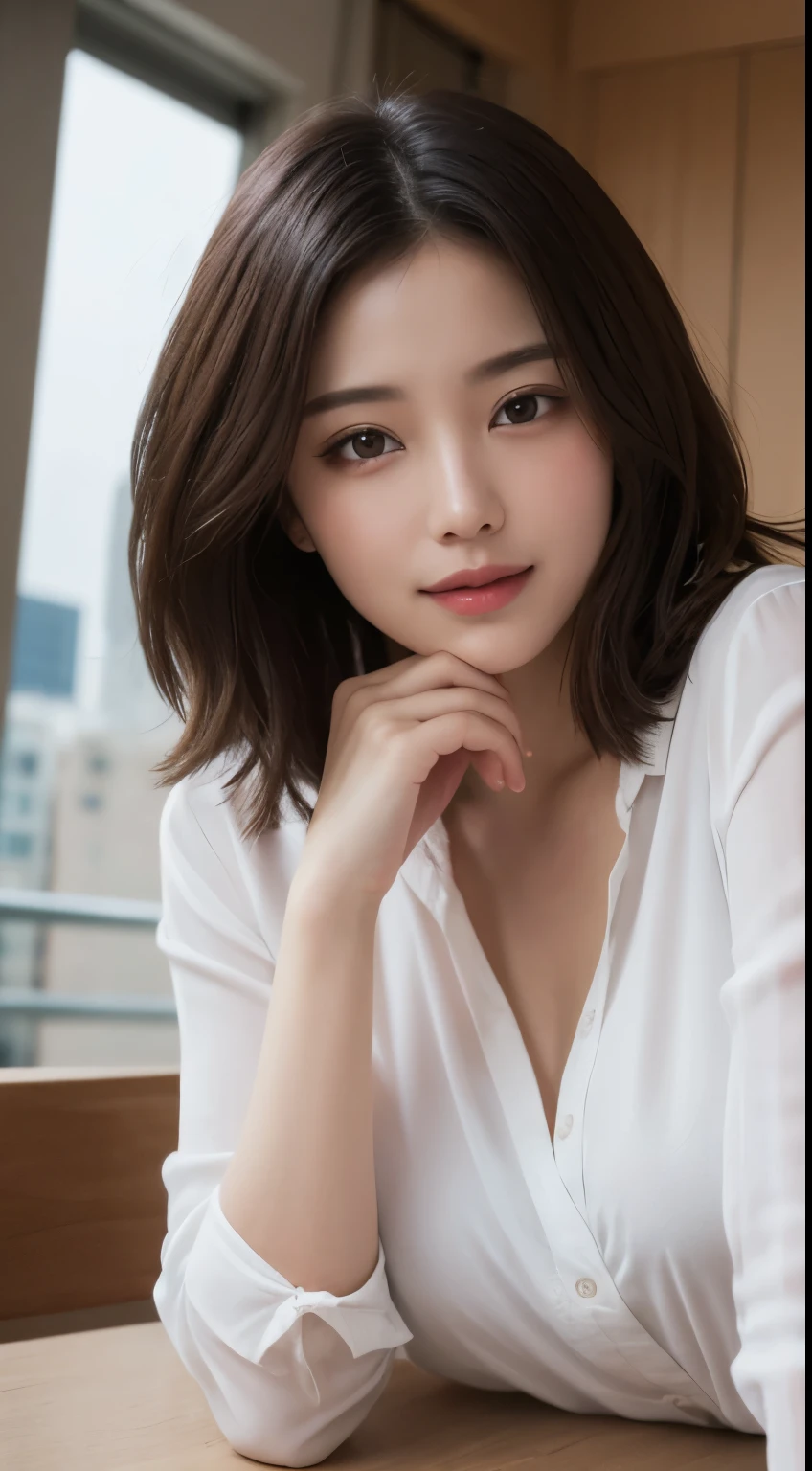 table top, highest quality, figure, Super detailed, finely, High resolution, 8k wallpaper, 完璧なダイナミックな構figure, detailed and beautiful eyes, white shirts for men,medium hair, middle of chest, natural color lip, random sexy poses,smile,tower apartment,do not emphasize the chest