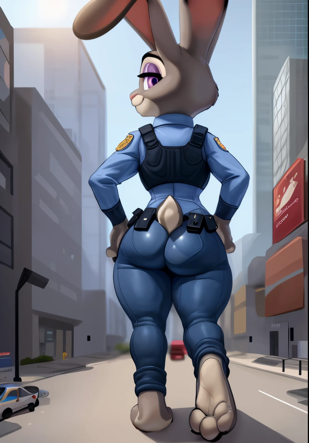 [judyhopps], [subido a e621.neto; (pixel artist), (wamudraws), (siroc)], ((Obra maestra)), ((hd)), ((high resolution)), ((retrato en solitario)), ((cuerpo completo)), ((vista trasera)), ((pies visibles)), ((peludo; antro)), ((piel detallada)), ((sombreado detallado)), ((hermoso arte de renderizado)), {antro rabbit; pelaje gris, nariz negra, (orejas de conejo multicolores), (citar ojos morados), (caderas curvas), (bonitas piernas), (pies hermosos), (detailed peludo soles), (linda sonrisa)}, {(uniforme de policia), (ZPD police badge), (pantalones azules ajustados)}, {(de pie), (manos en la cadera), (looking towards attracting the viewer)}, [Fondo; (zootopia city), (rascacielos), (cielo azul), (rayos de sol)], ((macro:2)), ((wide :2)), ((:2))