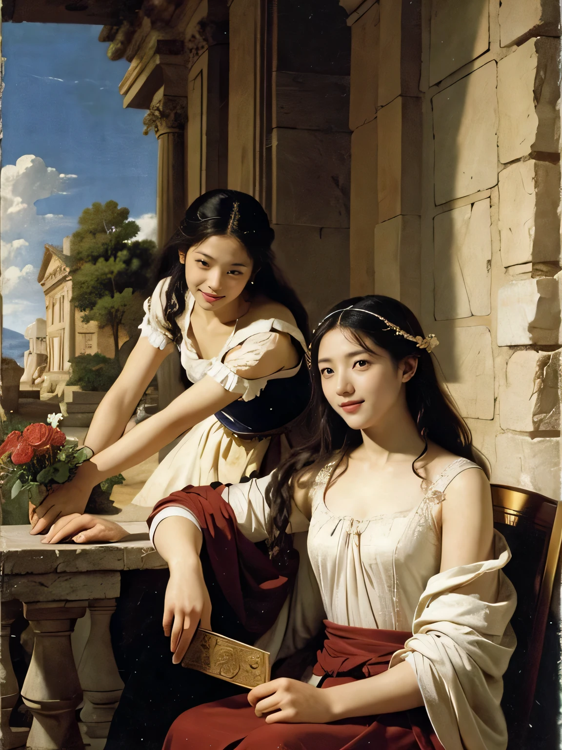 Giorgione painting style,Arguments of two female Philosophe,math、astronomical machine、astronaut、roses in vase、fruits、Cute trinkets、smile、ancient greek costume、Ancient Roman landscape in the style of Nicolas Poussin,laughter,,Sweet and seductive appearance.、Caravaggio's paintings、Chiaroscuro of Caravaggio、hair tousled by the wind,Two women frolicking,cute smile, expression of ecstasy,Sexy,erotic