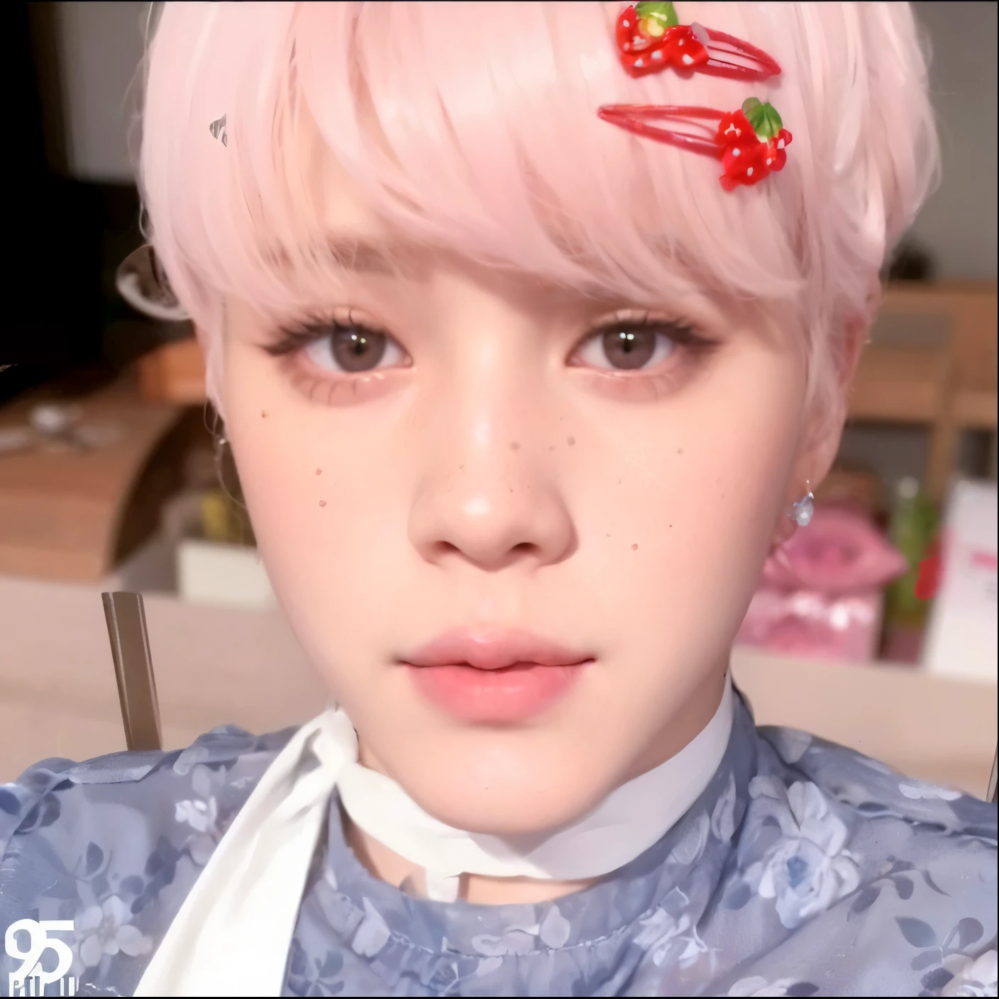 angelic beauty, doll lips, round eyes like a doll, pale skin, full lips, round eyes, freckles, curly hair, delicate skin, jimin from bts, park jimin, jimin, high quality, doll beauty