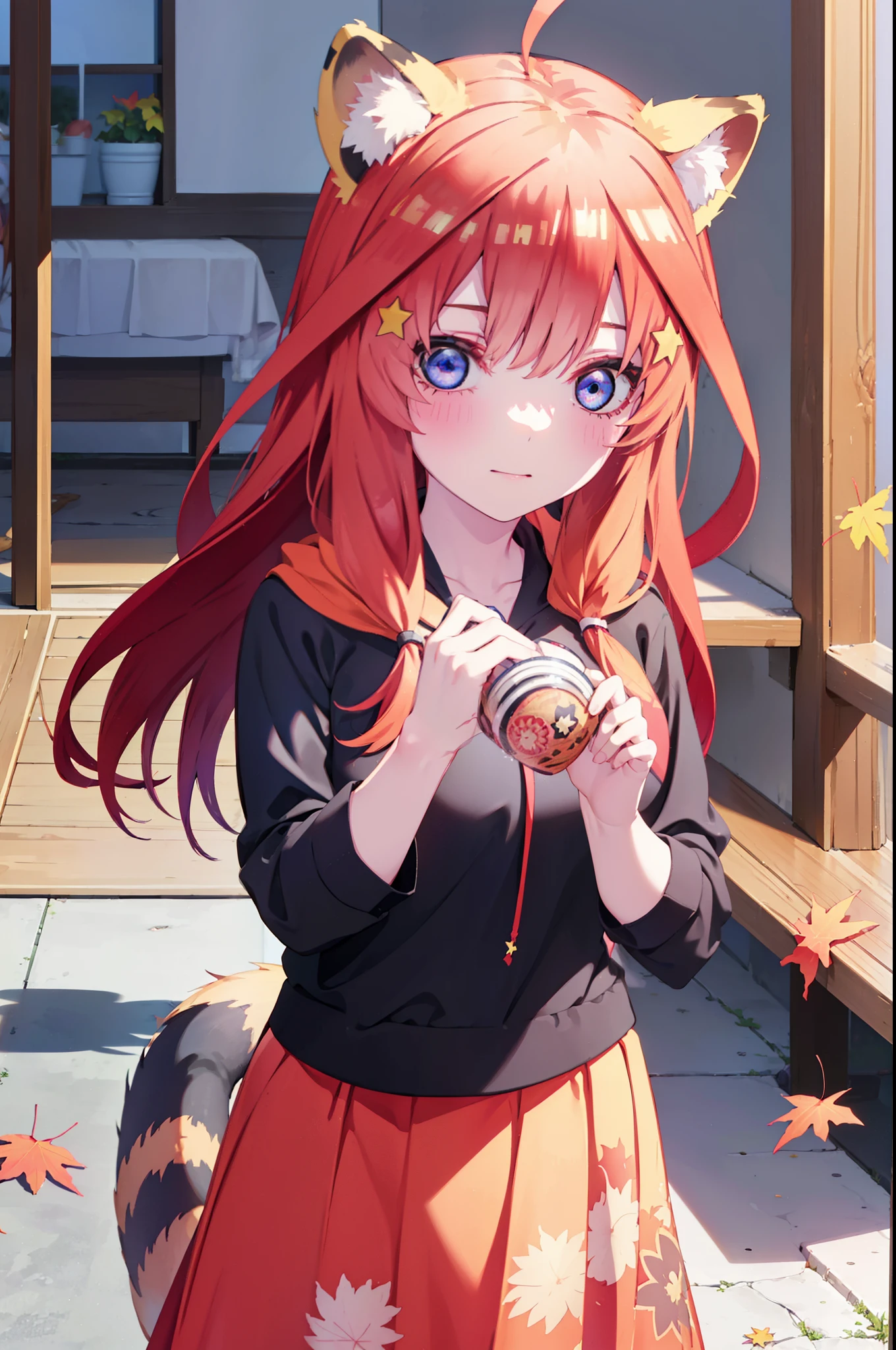 itsukinakano, itsuki nakano, bangs, blue eyes, hair between eyes, Ahoge, redhead, star \(symbol\), short braided hair,hair ornaments, star hair ornaments,smile,blush,animal ears raccoon ears,animal tail raccoon tail,red hoodie,white long skirt,Cute Sandals,autumn leaves,whole bodyがイラストに入るように,
break outdoors, garden,
break looking at viewer,whole body,(cowboy shot:1.5),
break (masterpiece:1.2), highest quality, High resolution, unity 8k wallpaper, (shape:0.8), (beautiful deしっぽed eyes:1.6), extremely deしっぽed face, perfect lighting, extremely deしっぽed CG, (perfect hands, perfect anatomy),