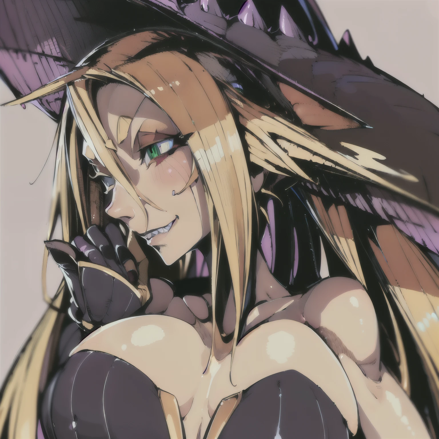 (((Masterpiece))), (((Best Quality: 1.4))), ((Super Detail: 1.4)) , hyper detailed gouache painting of a female Metallia, one girl, hyper detailed face features, expressive face, detailed textures, natural skin shader, volumetrics, warm undertones under her skin, ultra High resolution. long blond hair, fox ears ,witch hat with an purple eye, twin braids, slim sporty body, big tits, green eyes, sharp teeth, naked, vaginal or anal sex with a big dildo.