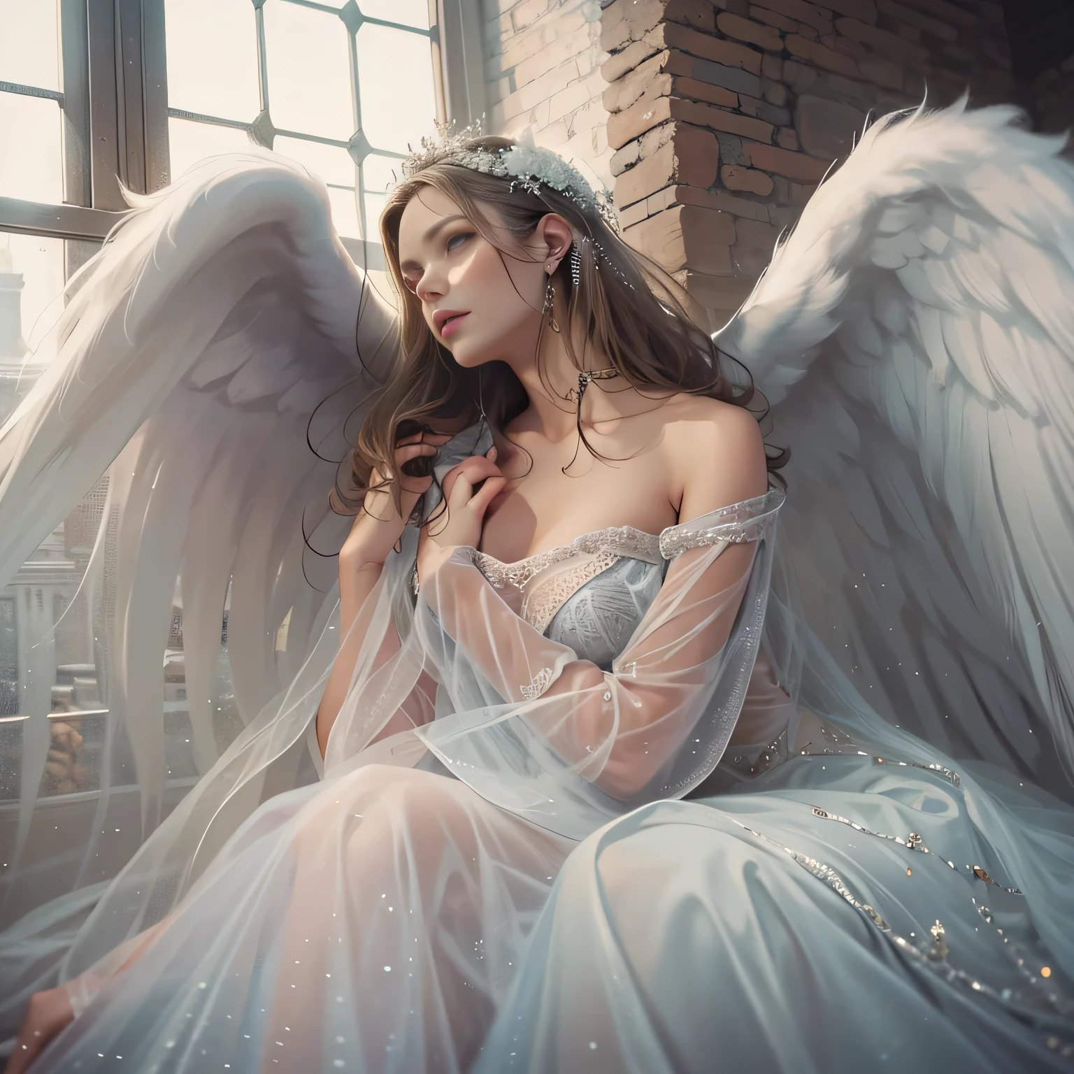 Beautiful woman in very long sheer gown andwith angel wings,lying down