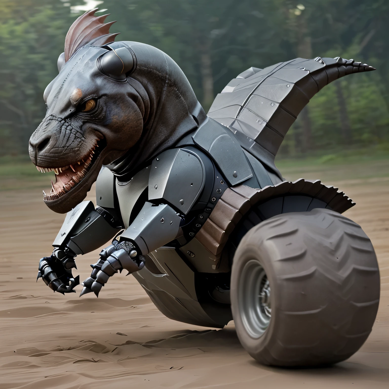 Gato con sombrero vaquero montando un T-Rex con brazos roboticos manejando una moto