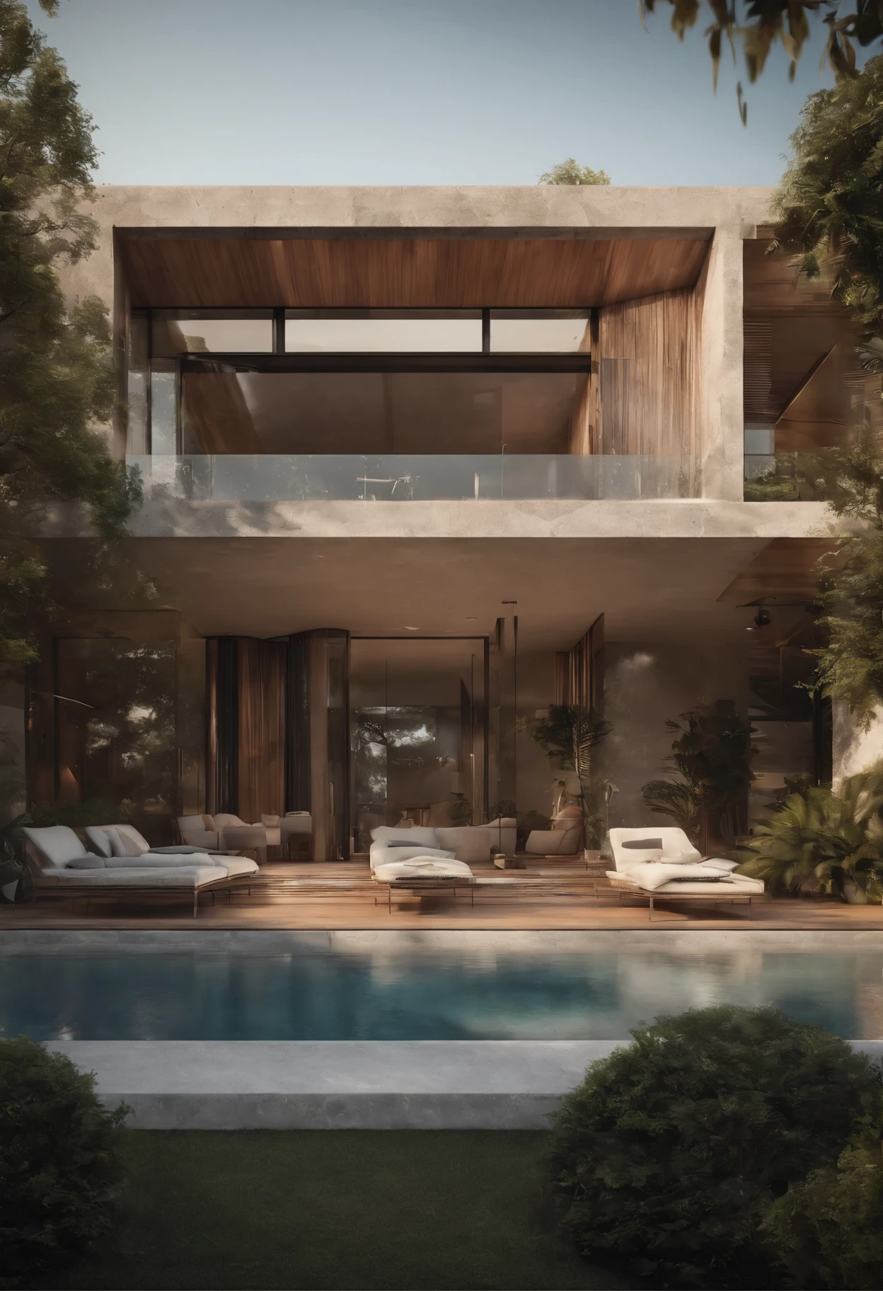 Luxurious two floors country house, surrounded by a pool, sunny area, discotec, driveway, 600 m2 parking area, elegant architecture, modern interior design, spacious rooms, panoramic windows, lush landscaping, outdoor seating, contemporary furniture, high-end finishes, vibrant color palette, natural lighting, twilight setting, aerial view, digital rendering, detailed textures, by Zaha Hadid and Frank Lloyd Wright, Pinterest, 4K resolution.