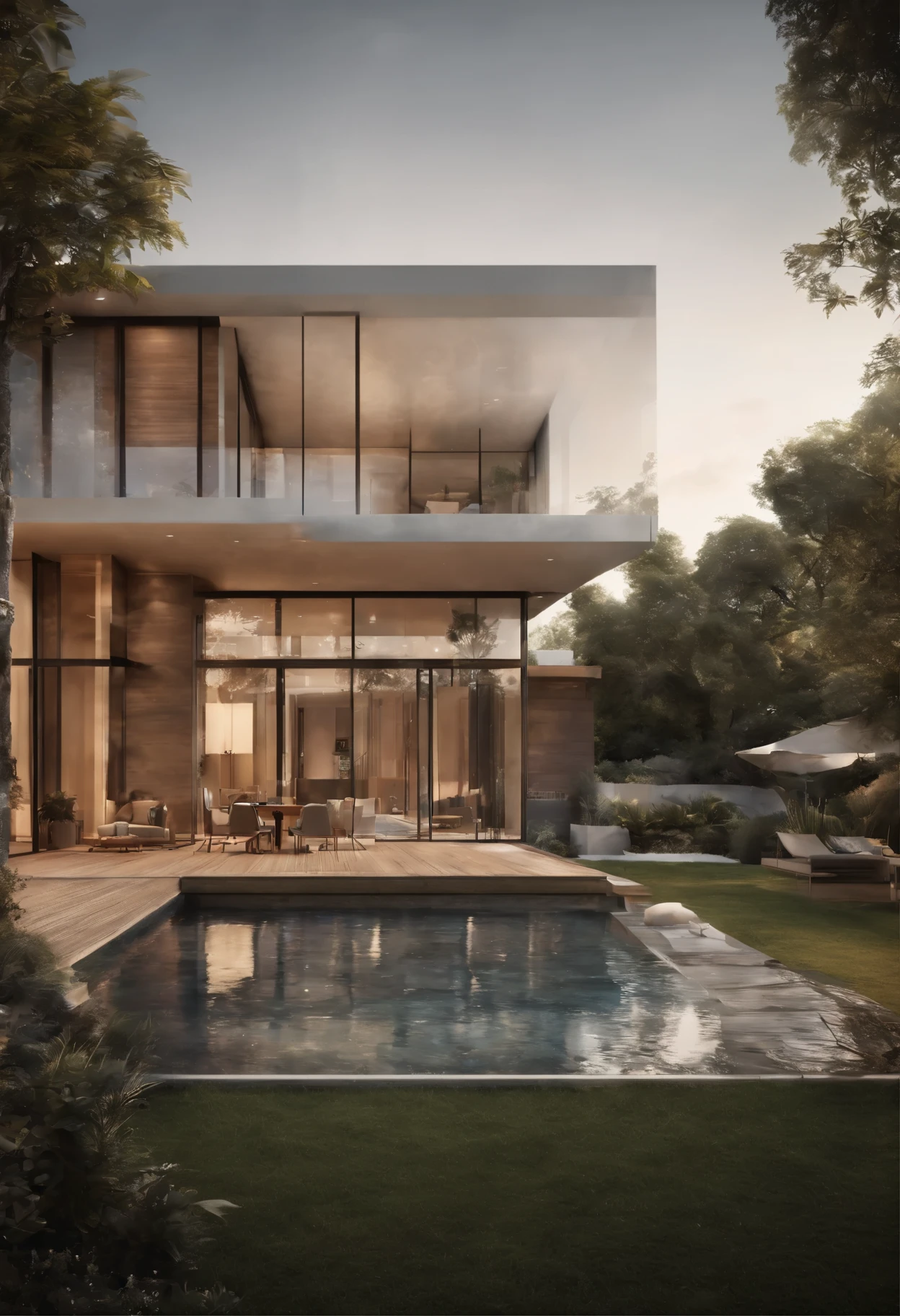 Luxurious two floors country house, surrounded by a pool, sunny area, discotec, driveway, 600 m2 parking area, elegant architecture, modern interior design, spacious rooms, panoramic windows, lush landscaping, outdoor seating, contemporary furniture, high-end finishes, vibrant color palette, natural lighting, twilight setting, aerial view, digital rendering, detailed textures, by Zaha Hadid and Frank Lloyd Wright, Pinterest, 4K resolution.