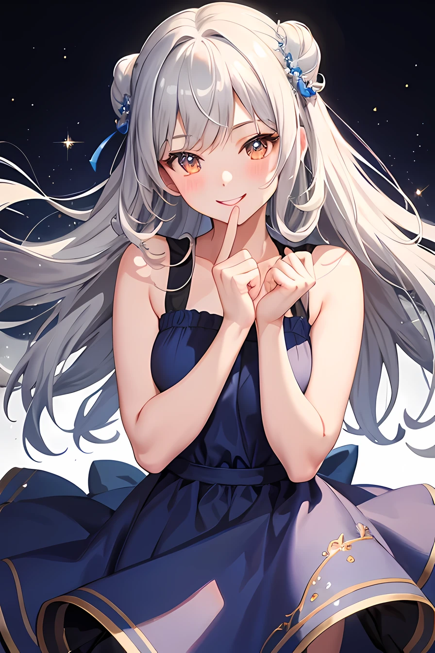 masterpiece, best quality, 1 girl, gray hair, orange eyes, blue dress, upper body, really happy, smile, smiling eyes, blue background, sparkles, blush