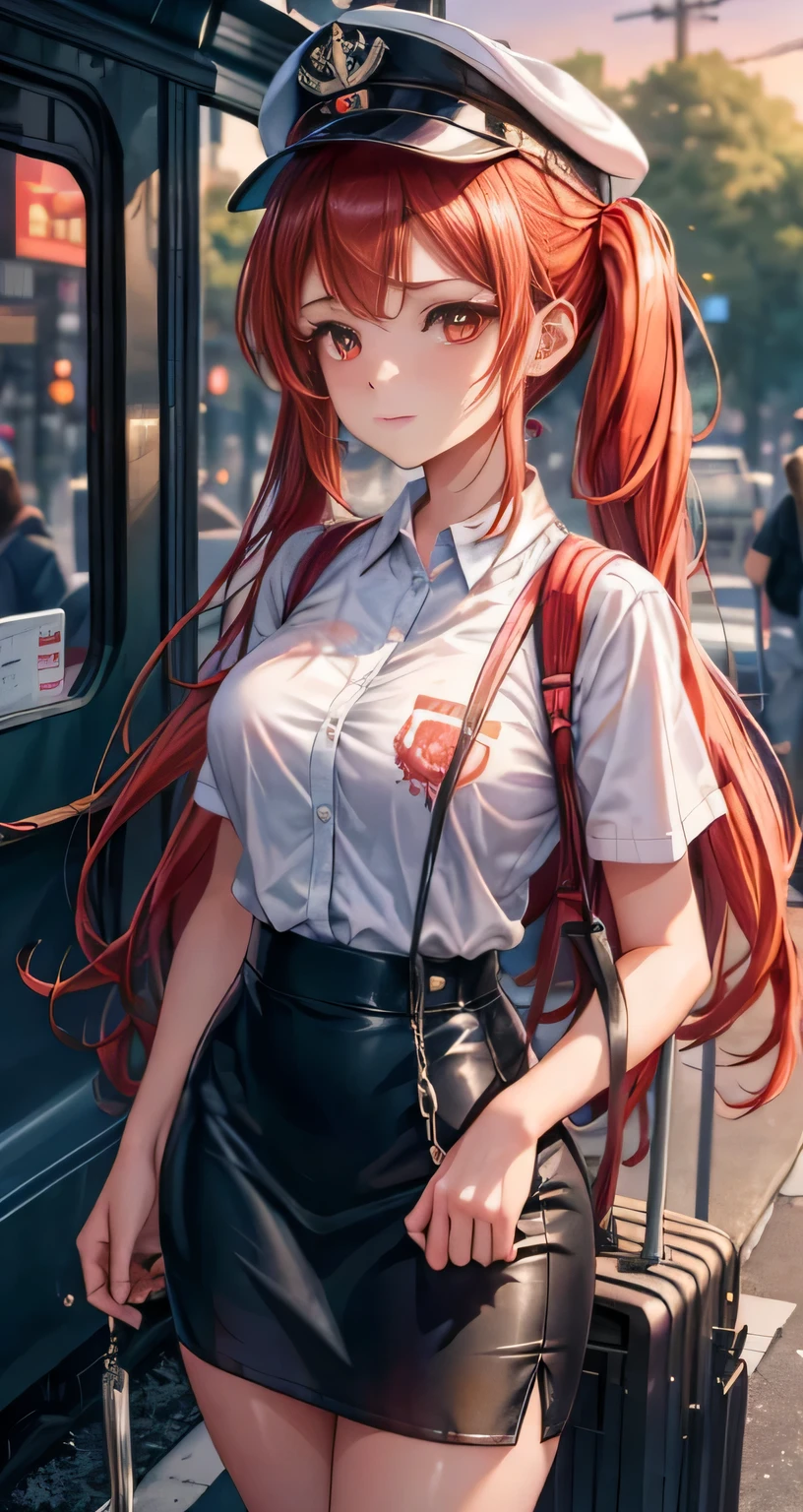 (best quality, highres:1.2), 1girl, solo, red hair cascading in twintails, red eyes shining with intensity, masterpiece, extremely detailed, longing gaze, employee uniform with a pencil skirt, adorned with a skull print, navy cap perched atop her head, outdoors, under the orange-tinted sky of a train station, standing in front of a bus, waiting, her posture expressing a sense of anticipation and determination.

The image comes alive with the finest details, capturing every curve and line of the girl's expressive features. Her red hair, each strand expertly rendered to mimic the real thing, frames her