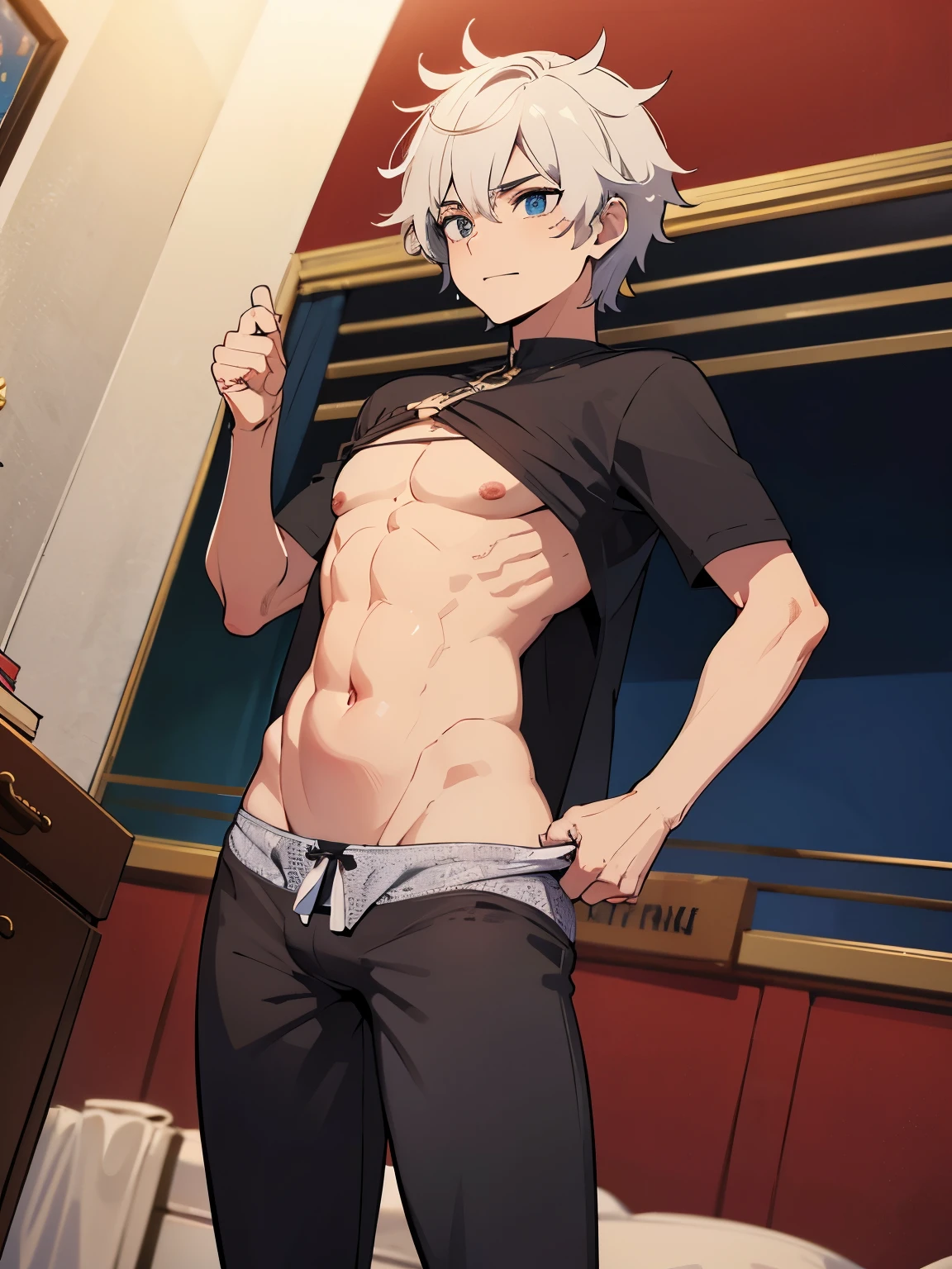 Homem jovem com regata preta e cueca (corpo inteiro)