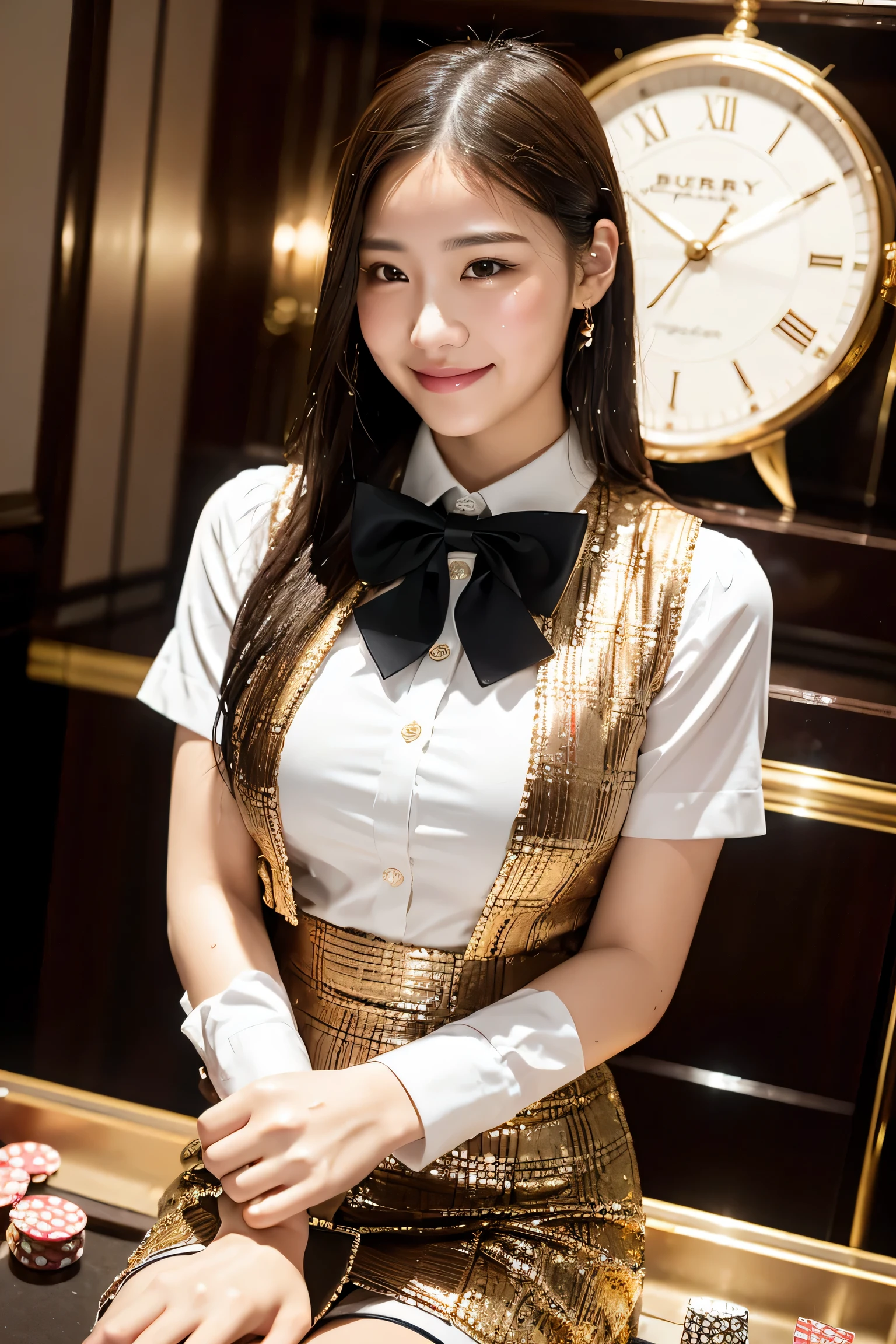 (8K), (highest quality: 1.2), (realistic), (realistic: 1.37), ultra high resolution, 1 girl, cute, smile, closed mouth, beautiful details, beautiful nose, whole body, wet hair, giant dulcefo, pork, thighs,burberry check pleated skirt,gold sequins holter vest,A bow tie,tights,greige,looking away,casino