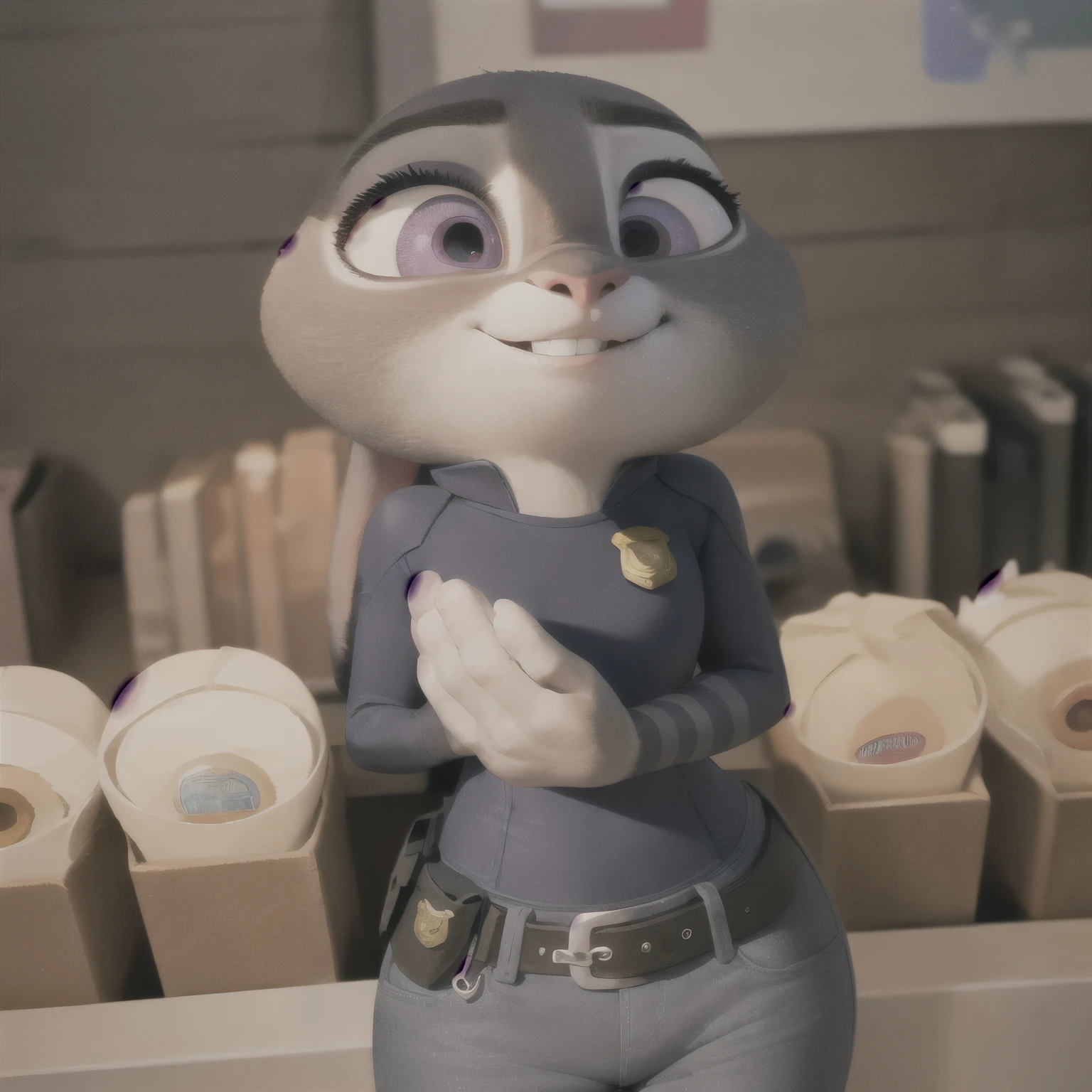 orejas hacia abajo, (Mejor calidad, obra maestra:1), peluda hembra antro judyhopps, retrato, uniforme de policia, uniforme completo, cola de conejo, police belt, police badge, pantalones azules, sonrisa, ojos morados, pelaje del cuerpo, caderas anchas, de perfil, ojos seductores, acercamiento al trasero, (fondo urbano detallado de la ciudad:1.1), estilo pixar 3d, 