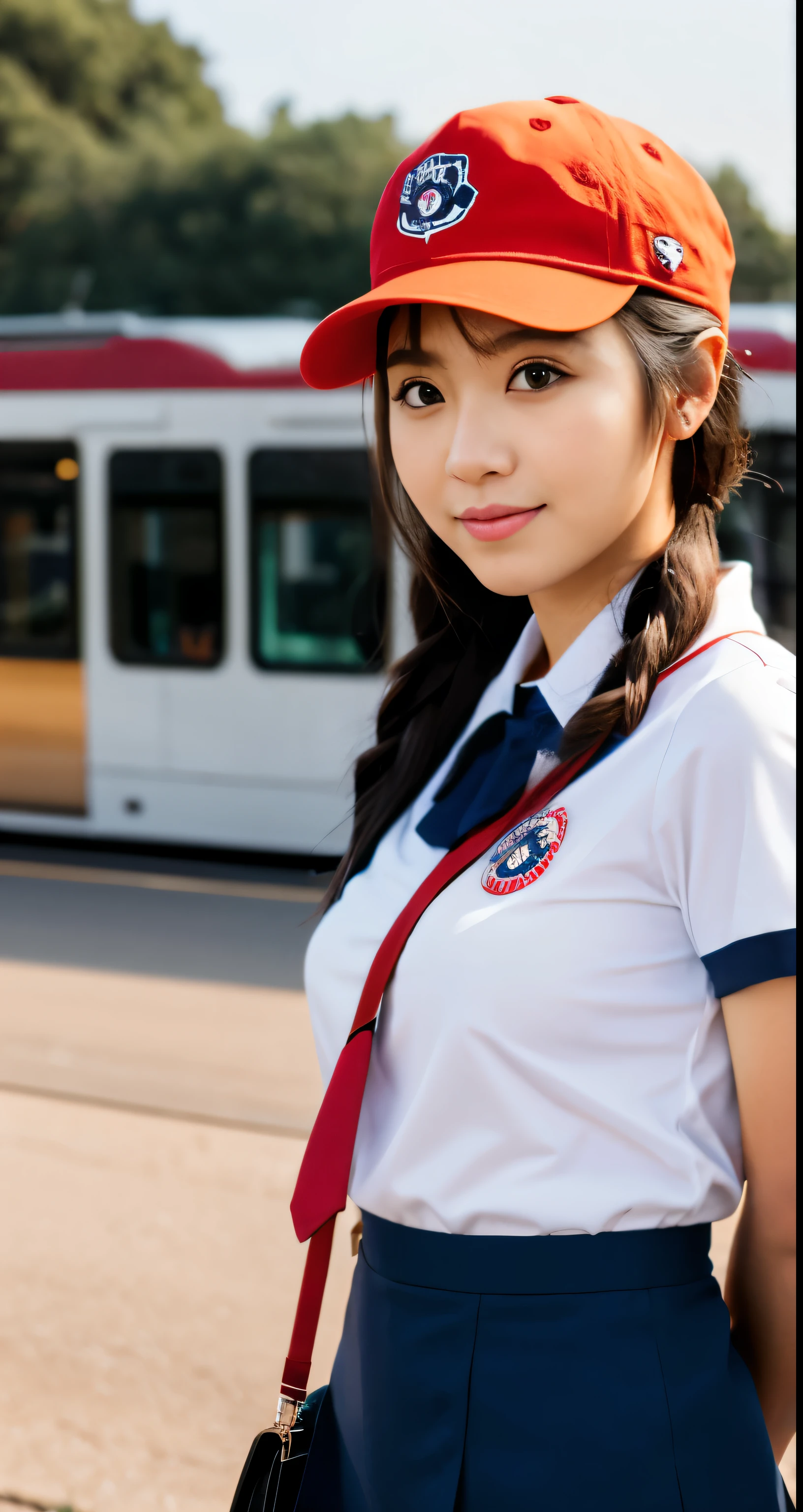 1girl, solo, red hair, red eyes, twintails, employee uniform, pencil skirt, skull print, navy cap, orange sky,, outdoors, train station, standing in front of bus,, 