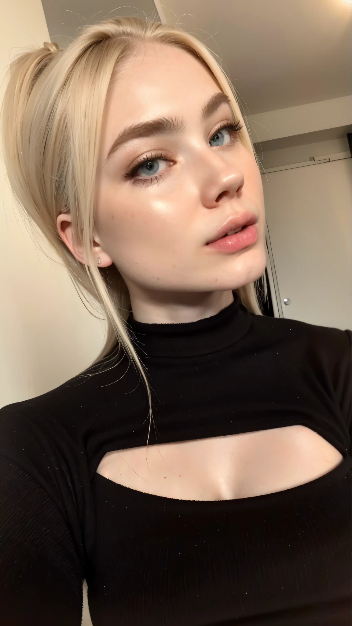 Blonde woman wearing a black top and a black sweater., with pale skin, 19 year old girl, Ella tiene una cara bonita, pale and light skin!!, 🤤 retrato de , 2 4 year old female model, pale round face, pale, piel brillante, extremely pale white skin, He is around 20 years old, He is around 20 years old