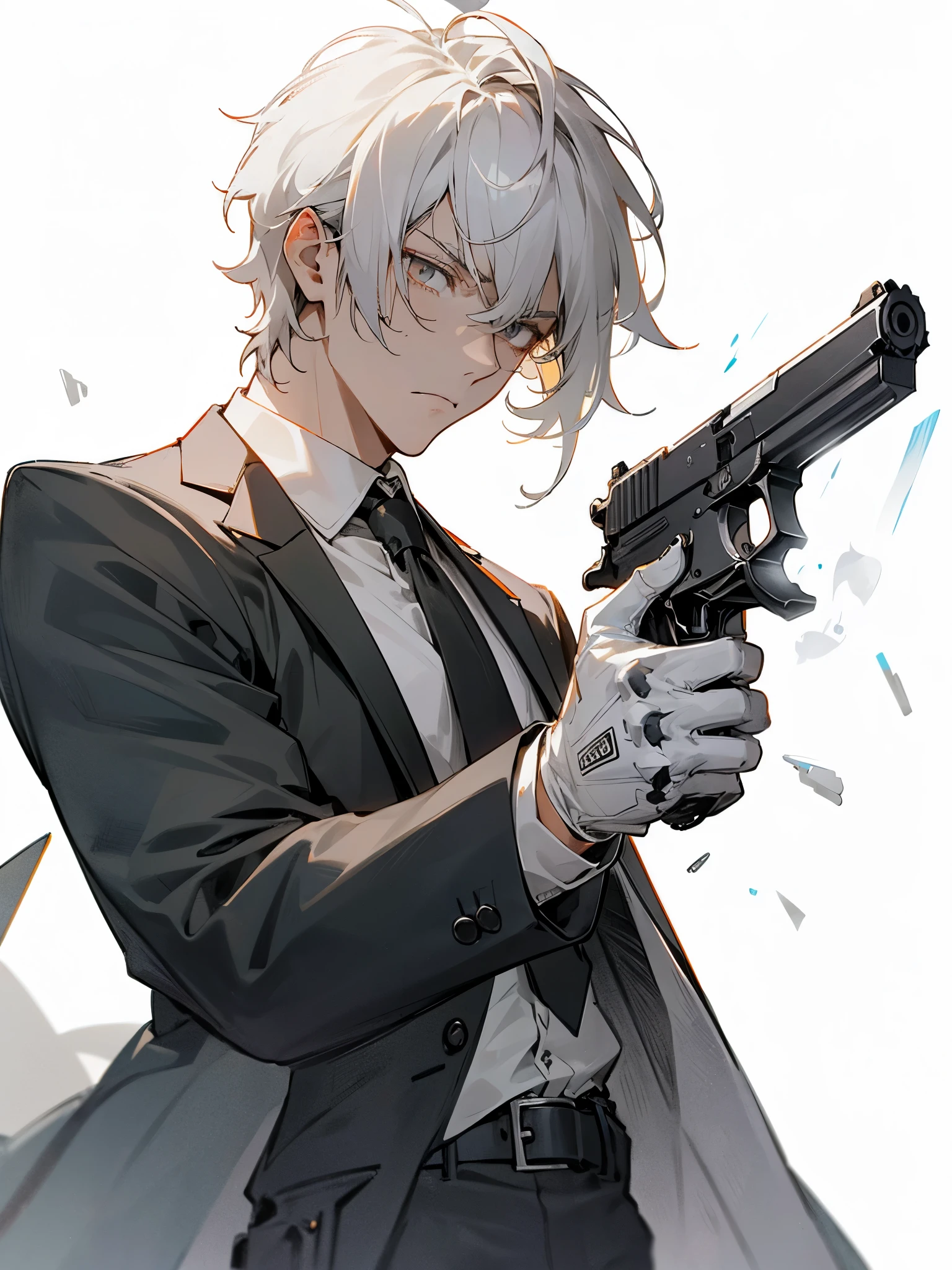 1male, white hair, messy hair, white eyes, black and white suits, tie, holding a gun, white background, white cloth glove, serious expression, detailed, hand on gun, handgun, black gun, detailed gun