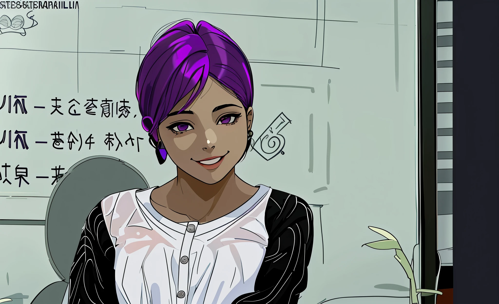 mujer de cabello morado habando y sonrrie con maldad camisa blanca con mangas negras