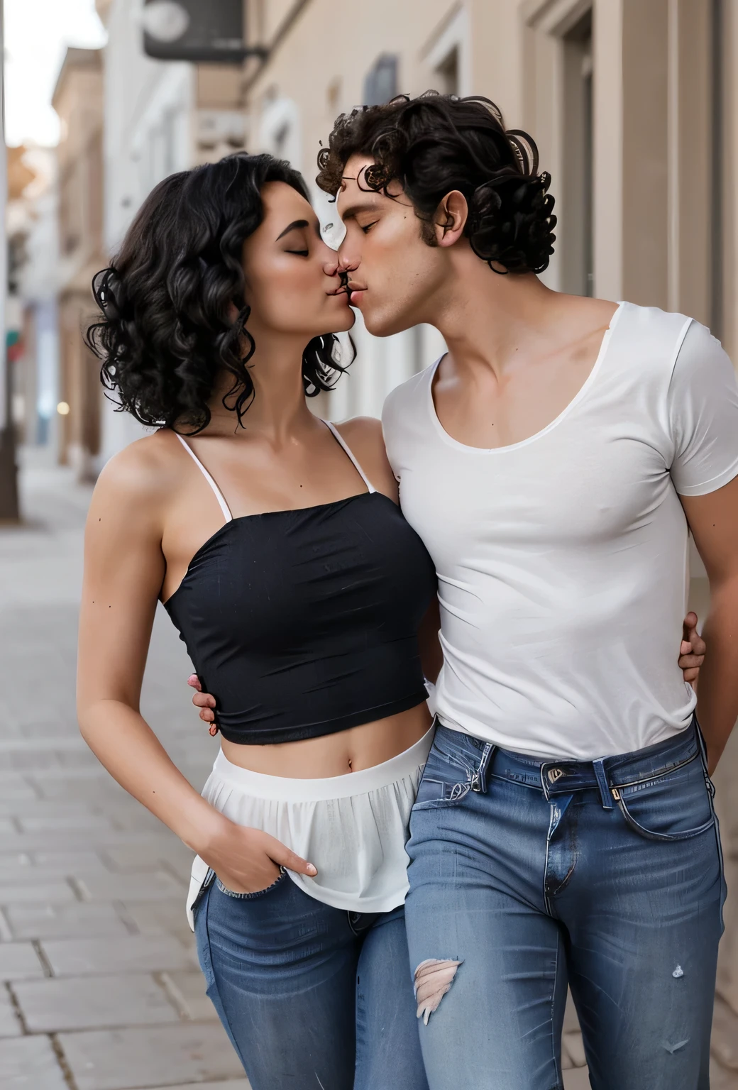 Create a beautiful woman with black curls in jeans and a white top kissing her boyfriend