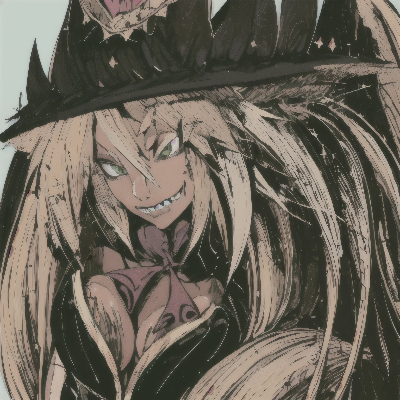 (((Masterpiece))), (((Best Quality: 1.4))), ((Super Detail: 1.4)) , hyper detailed gouache painting of a female Metallia, one girl, hyper detailed face features, expressive face, detailed textures, natural skin shader, volumetrics, warm undertones under her skin, ultra High resolution. long blond hair, fox ears ,witch hat with an purple eye, twin braids, slim sporty body, big tits, green eyes, sharp teeth, naked, vaginal or anal sex with a big dildo.