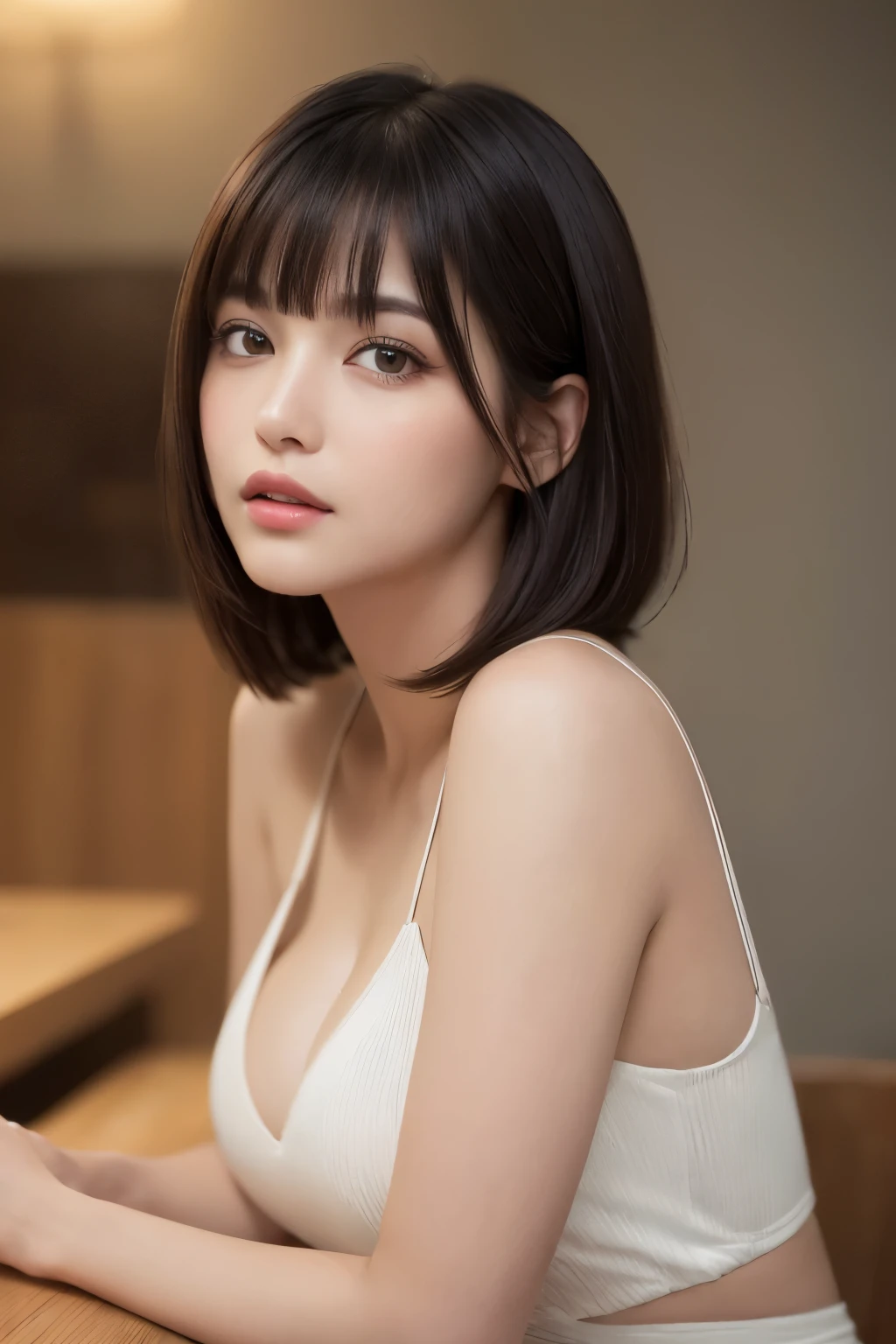 (Table top, ultra high resolution, 4K and above, face in sharp focus, focused on the sides for a three-quarter view, navel subtly peeking out, decolletage accentuating the neckline, very attractive beauty, adds intense highlights to the eyes, look closely at the camera: 1.4, beautiful brunette short bob with bangs: 1.4,

One girl, sitting report-style, black hair swept neatly to the side, realistic and lifelike rendering, pale yet expressive black eyes, full lips glossed with a subtle sheen, upper body showcased, big and captivating eyes, long lashes framing