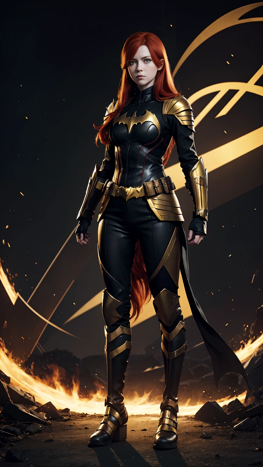 ((Full body photo,standing, feet on the ground)) A red-haired warrior girl with yellow eyes wearing black and gold batgirl armor