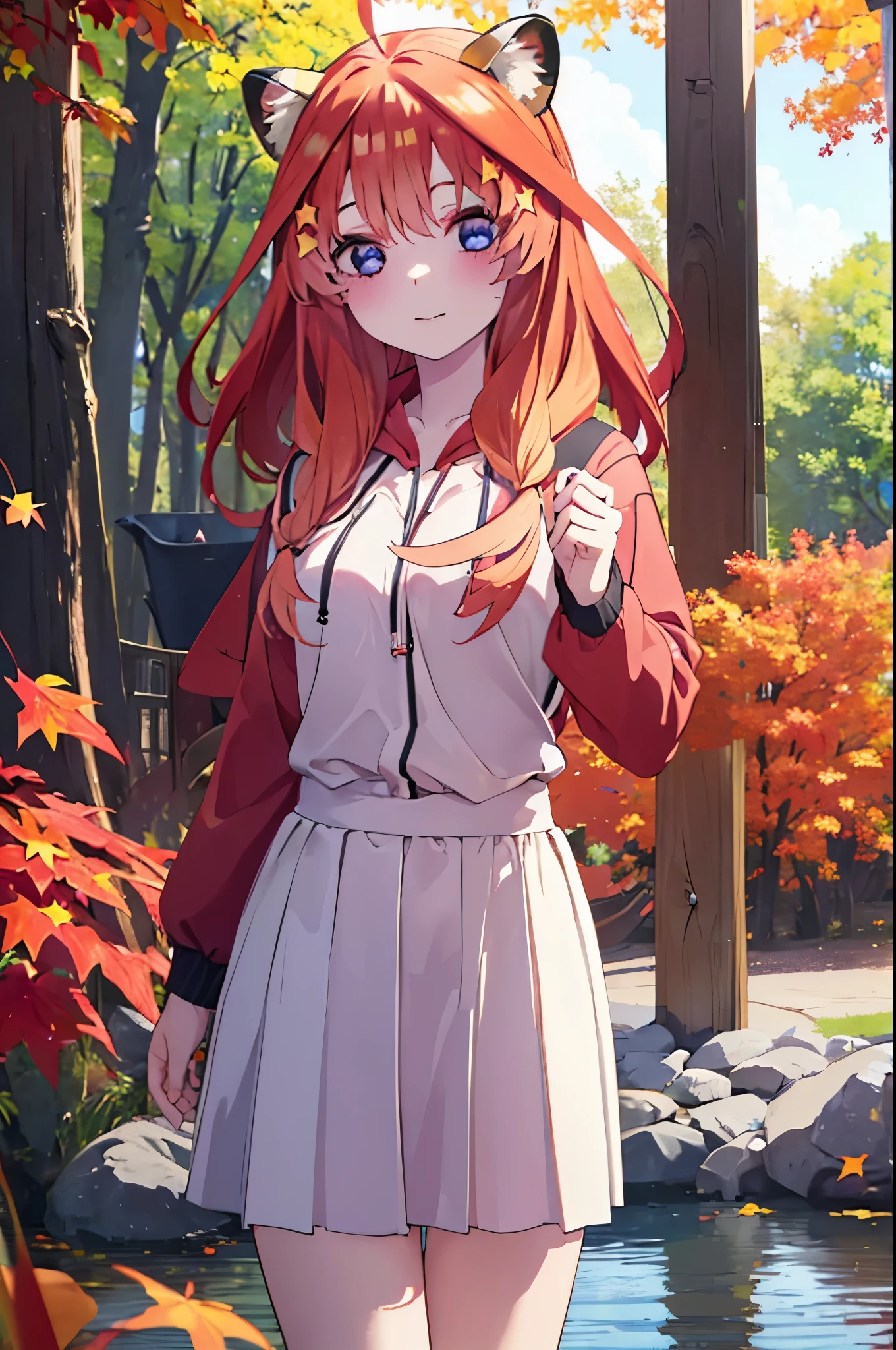 itsukinakano, itsuki nakano, bangs, blue eyes, hair between eyes, Ahoge, redhead, star \(symbol\), short braided hair,hair ornaments, star hair ornaments,smile,blush,animal ears raccoon ears,animal tail raccoon tail,red hoodie,white long skirt,Cute Sandals,autumn leaves,autumn leavesが散っている,autumn leaves道,whole bodyがイラストに入るように,
break outdoors,garden,
break looking at viewer,whole body,(cowboy shot:1.5),
break (masterpiece:1.2), highest quality, High resolution, unity 8k wallpaper, (shape:0.8), (beautiful deしっぽed eyes:1.6), extremely deしっぽed face, perfect lighting, extremely deしっぽed CG, (perfect hands, perfect anatomy),