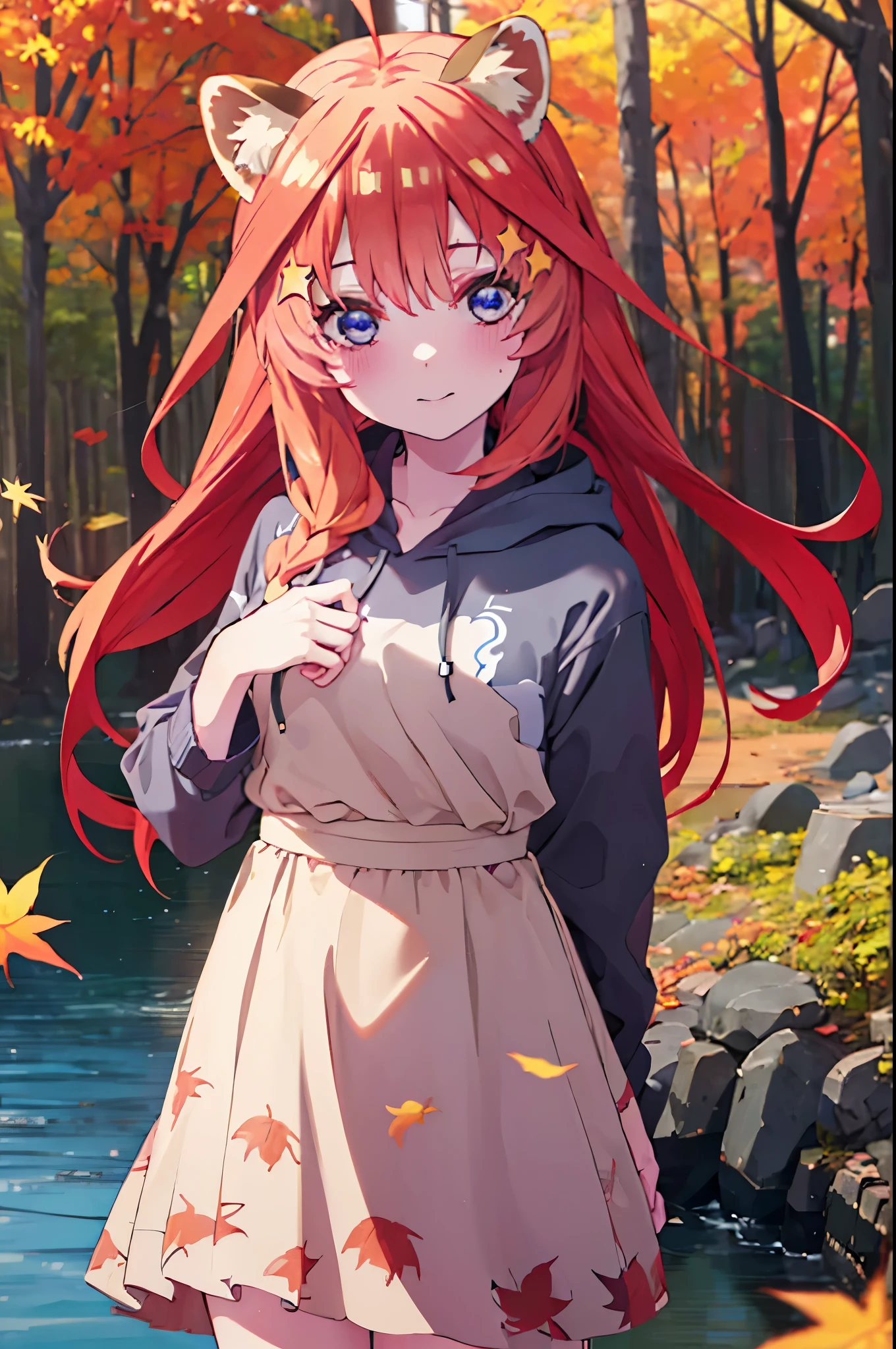 itsukinakano, itsuki nakano, bangs, blue eyes, hair between eyes, Ahoge, redhead, star \(symbol\), short braided hair,hair ornaments, star hair ornaments,smile,blush,animal ears　raccoon ears,animal tail　raccoon tail,red hoodie,white long skirt,Cute Sandals,autumn leaves,autumn leavesが散っている,autumn leaves道,whole bodyがイラストに入るように,
break outdoors,public,
break looking at viewer,whole body,(cowboy shot:1.5),
break (masterpiece:1.2), highest quality, High resolution, unity 8k wallpaper, (shape:0.8), (beautiful deしっぽed eyes:1.6), extremely deしっぽed face, perfect lighting, extremely deしっぽed CG, (perfect hands, perfect anatomy),