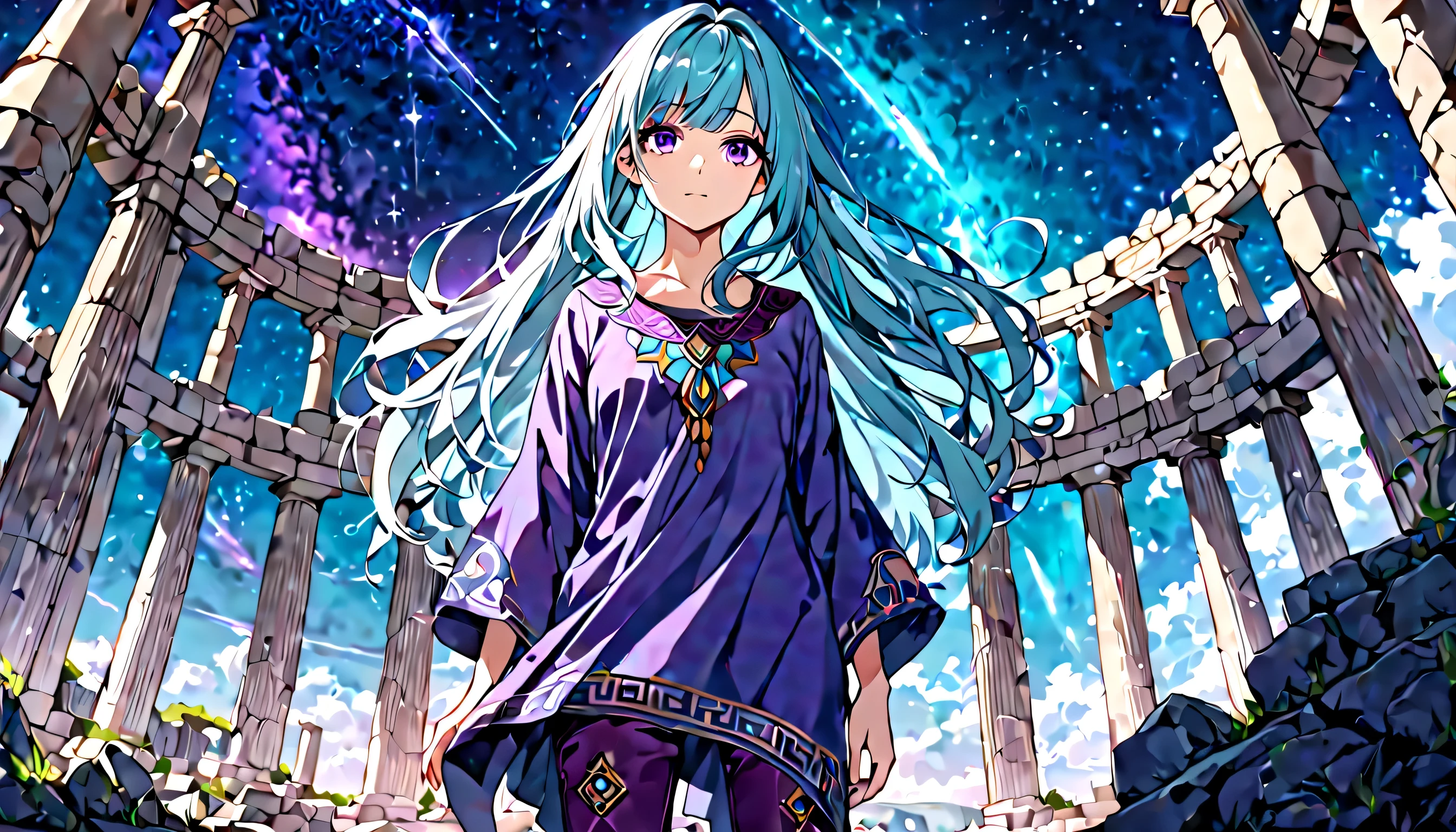 Masterpiece. High-resolution. 1girl about 20 years old. Pretty beautiful girl. Pretty big purple eyes. Delicate face. Long light blue hair. Straight hair. Messy hair. Hair bangs. Turquoise tunic. Purple tide pants. Leather boots. Greek ruins background with cosmic skies.