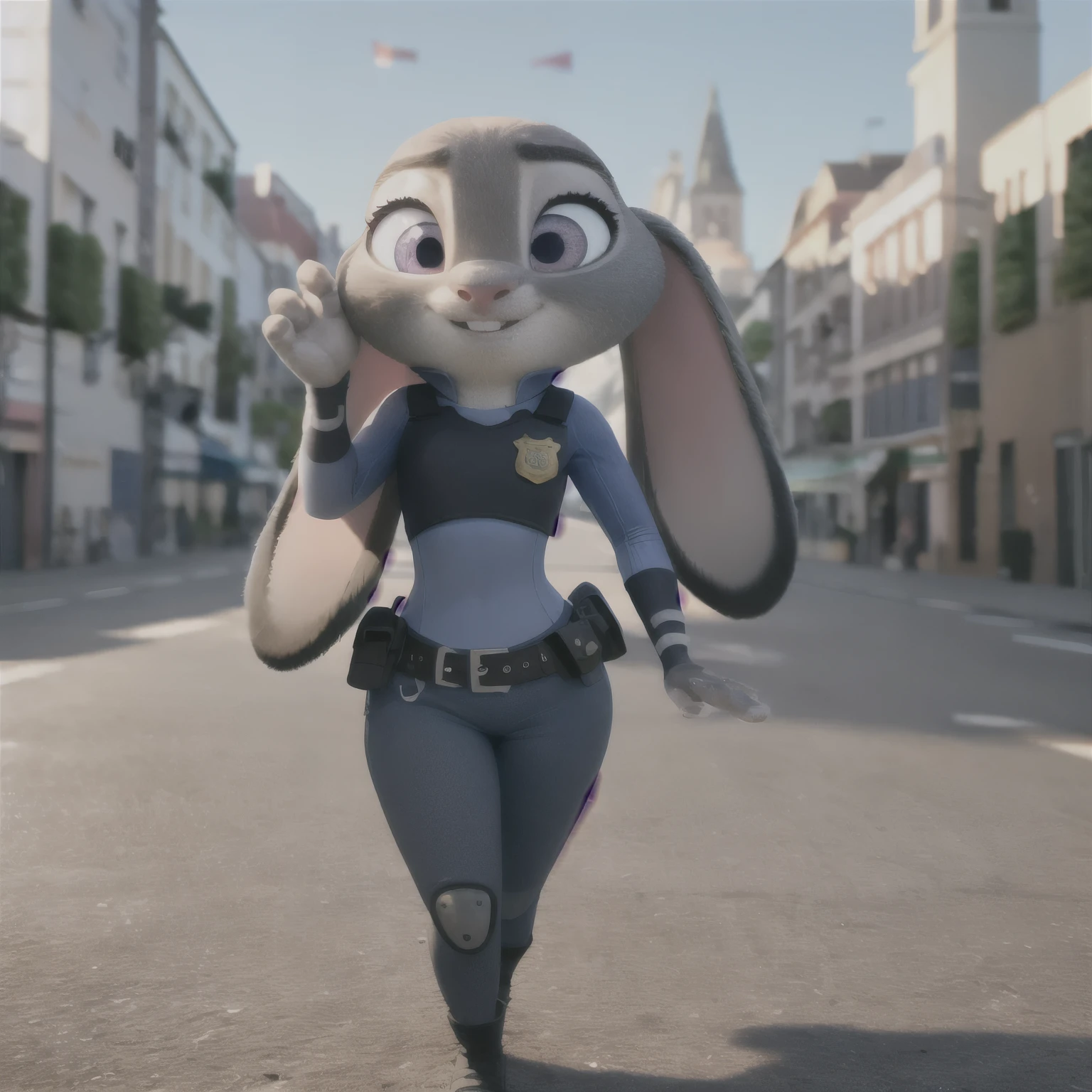 orejas hacia abajo, (Mejor calidad, obra maestra:1), peluda hembra antro judyhopps, retrato, uniforme de policia, uniforme completo, cola de conejo, police belt, police badge, pantalones azules, sonrisa, ojos morados, pelaje del ((cuerpo, caderas anchas)), de perfil, ojos seductores, (fondo urbano detallado de la ciudad:1.1), estilo pixar 3d, 