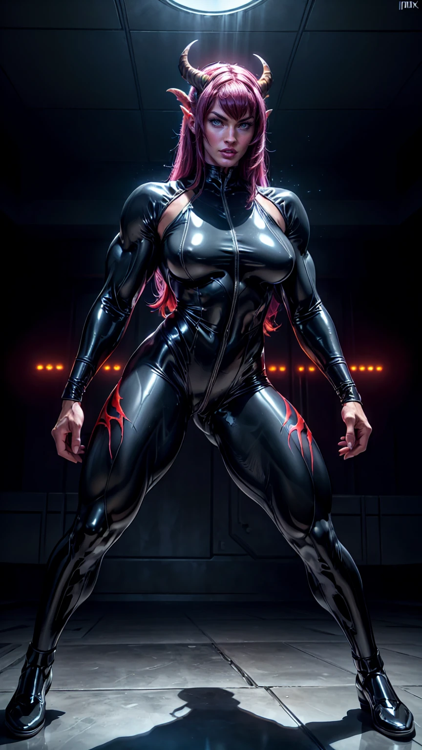 Cinematic, clear facial features and insanely detailed, the image captures the essence of (1 girl), (megan fox:1.25), (latex bodysuit:1.25), (carnage skinless muscle:1.25), (1 super muscular undead skinless succubus with gigantic horns:1.25), (exposed muscles & veins everywhere:1.25), (perfect fingers:1.25) (full body pose:1.25). The color grading is beautifully done, enhancing the overall cinematic feel. Unreal Engine makes her appearance even more mesmerizing. With depth of field (DOF), every detail is focused and accentuated, drawing attention to her eyes and hair. Peak image resolution utilizing super-resolution technology ensures pixel perfection. Cinematic lighting enhances her aura, while anti-aliasing techniques like FXAA and TXAA keep the edges smooth and clean. Adding realism to the muscular bio-mecha succubus , RTX technology enables ray tracing. Additionally, SSAO (Screen Space Ambient Occlusion) gives depth and realism to the scene, the girl's presence even more convincing. In the post-processing and post-production stages, tone mapping enhances the colors, creating a captivating visual experience. The integration of CGI (Computer-Generated Imagery) and VFX (Visual Effects brings out her demonic features seamlessly . Incredible level of detail, with intricate elements meticulously crafted, the artwork hyper maximalist and hyper-realistic. Volumetric effects add depth and dimension, with unparalleled photorealism. 8k resolution rendering ensures super detailed visuals. The volumetric lighting adds a touch of magic, highlighting her beauty and aura in an otherworldly way. High Dynamic Range (HDR) tech makes the colors pop, adding richness to the overall composition. Ultimately, this artwork presents an unreal, yet stunningly real portrayal of an incredibly beautiful bio-mecha succubus girl. The sharp focus ensures that every feature is crisply defined, creating a captivating presence. (girl face:1.45)