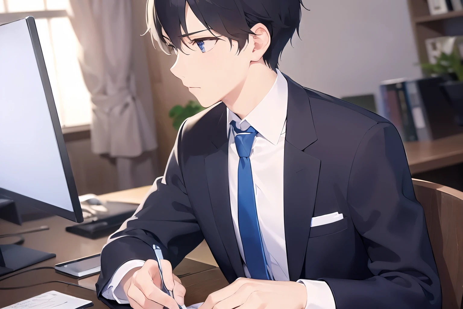 (looking away:1.5), side angle, masterpiece、highest quality、(25 year old male:1.5) and (black short hair) and (blue eyes), wearing a suit、wearing a white shirt、Wearing a blue tie、sitting、serious expression、The background is an office、(Alone:1.5)、sitting、computer
