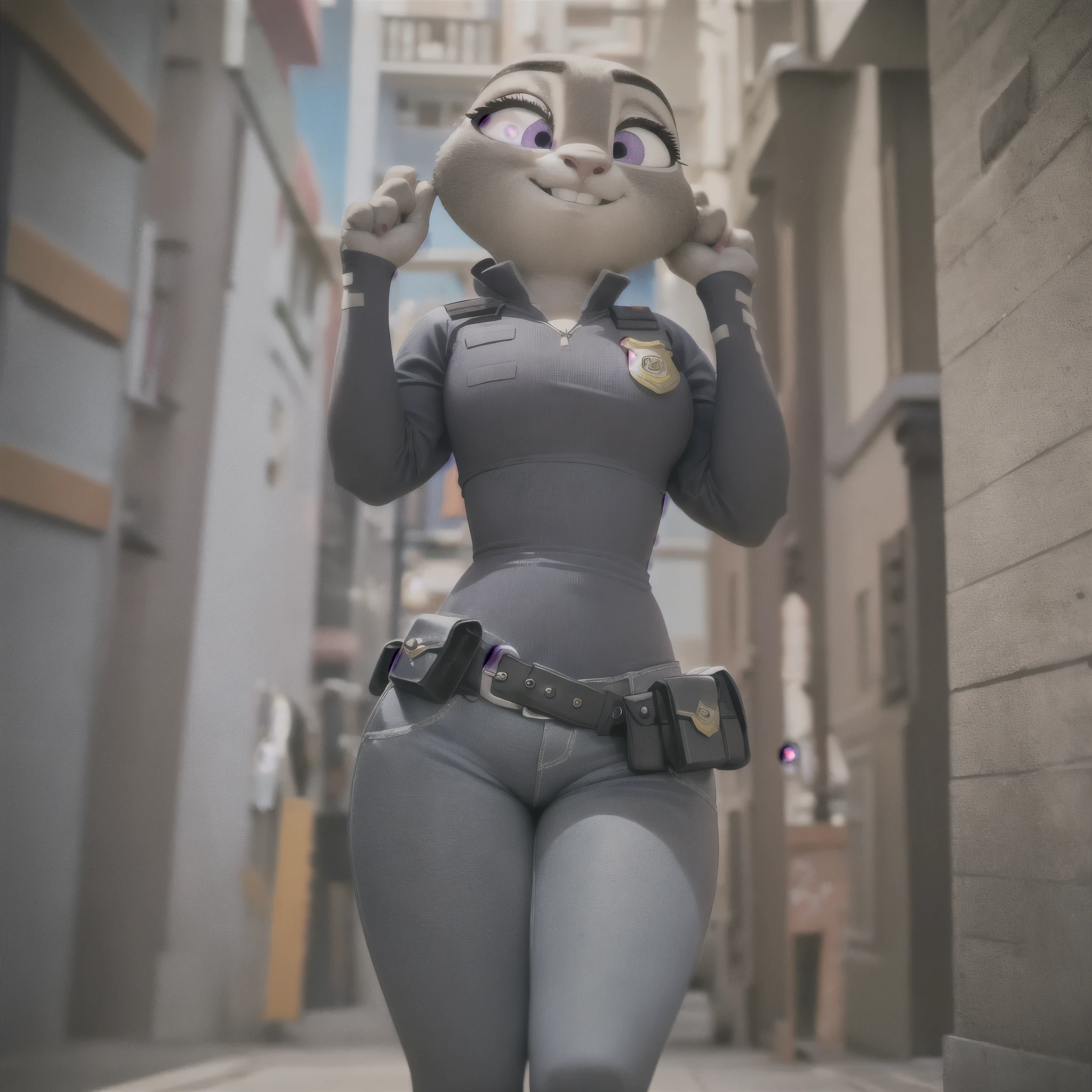 orejas hacia abajo, (Mejor calidad, obra maestra:1), peluda hembra antro judyhopps, retrato, uniforme de policia, uniforme completo, cola de conejo, police belt, police badge, pantalones azules, sonrisa, ojos morados, pelaje del cuerpo, ((caderas anchas)), de perfil, ojos seductores, (fondo urbano detallado de la ciudad:1.1), estilo pixar 3d,