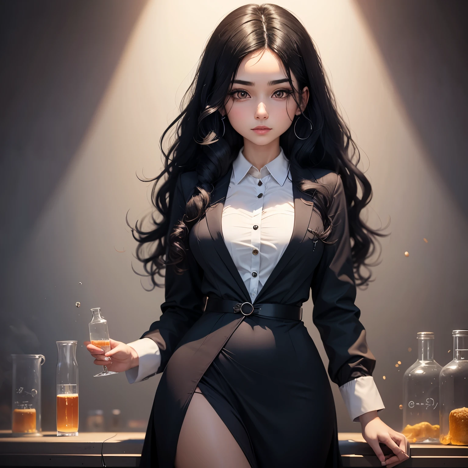 Woman with wavy black hair dressed in chemistry gown 