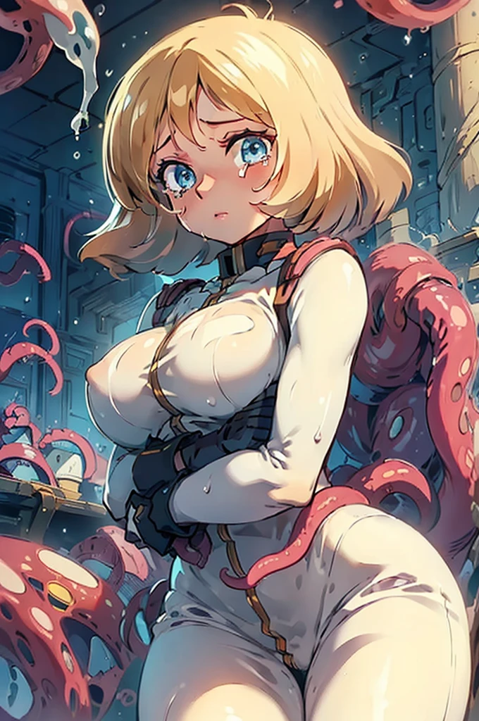 sayla mass, (1girl:1.5), masterpiece, best quality, best detail, best proportion, best anatomy, best face, best shaped breasts, small breasts:1.6, short hair, blue eyes, cowboy shot, sad, blush face, lips, nose, fair-skinned breasts, narrow waist, in the room of tentacles(background), surprised, tears, crying, full open eyes, gangbang by wet tentacles, sweaty, ((a lot of white drips on her all body)), 