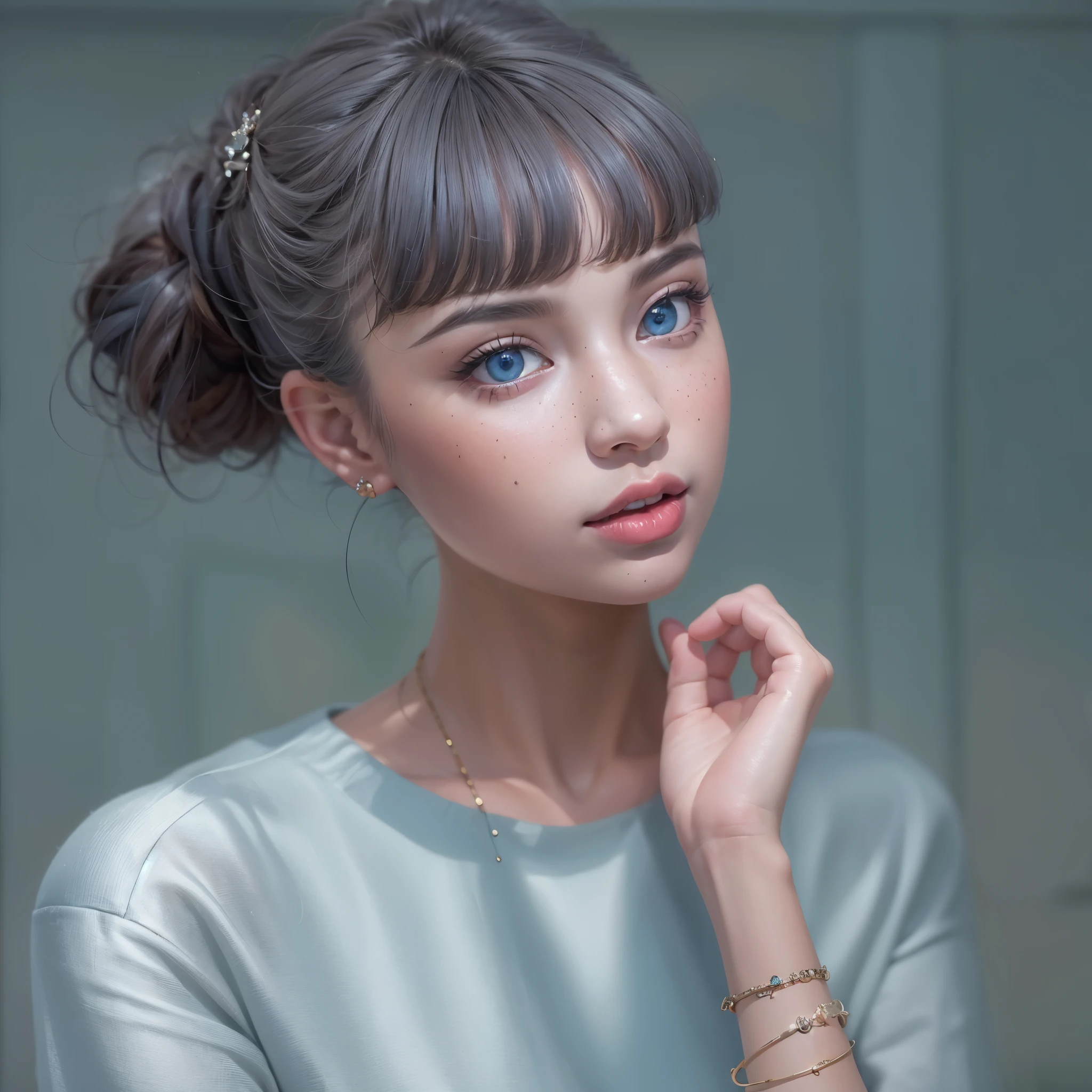 very beautiful, well-groomed girl, With clean skin, normal functions, Beautiful lips, and a slight smile on her face. beautiful figure, modern clothes, cool modern couture dress. presentation background, neutral gray-blue, in virtual space. top quality, 16 thousand.. Full HD, Cinematic rendering. Create a work of art, conveying the unique beauty of  Michela.., Famous digital influencer. Focus on her unique facial expression, when she looks directly at the camera., trying to capture the intensity of her piercing blue eyes. Channel her signature style with a Spanish-style hairstyle., styled with two carefully crafted hairpieces.. Add details, reflecting her charming and avant-garde personality.. We took care of that, to convey an aura of modernity and originality, which characterizes Lil Miquela in the digital world. ., Some freckles and nevi, and short hair, wrapped