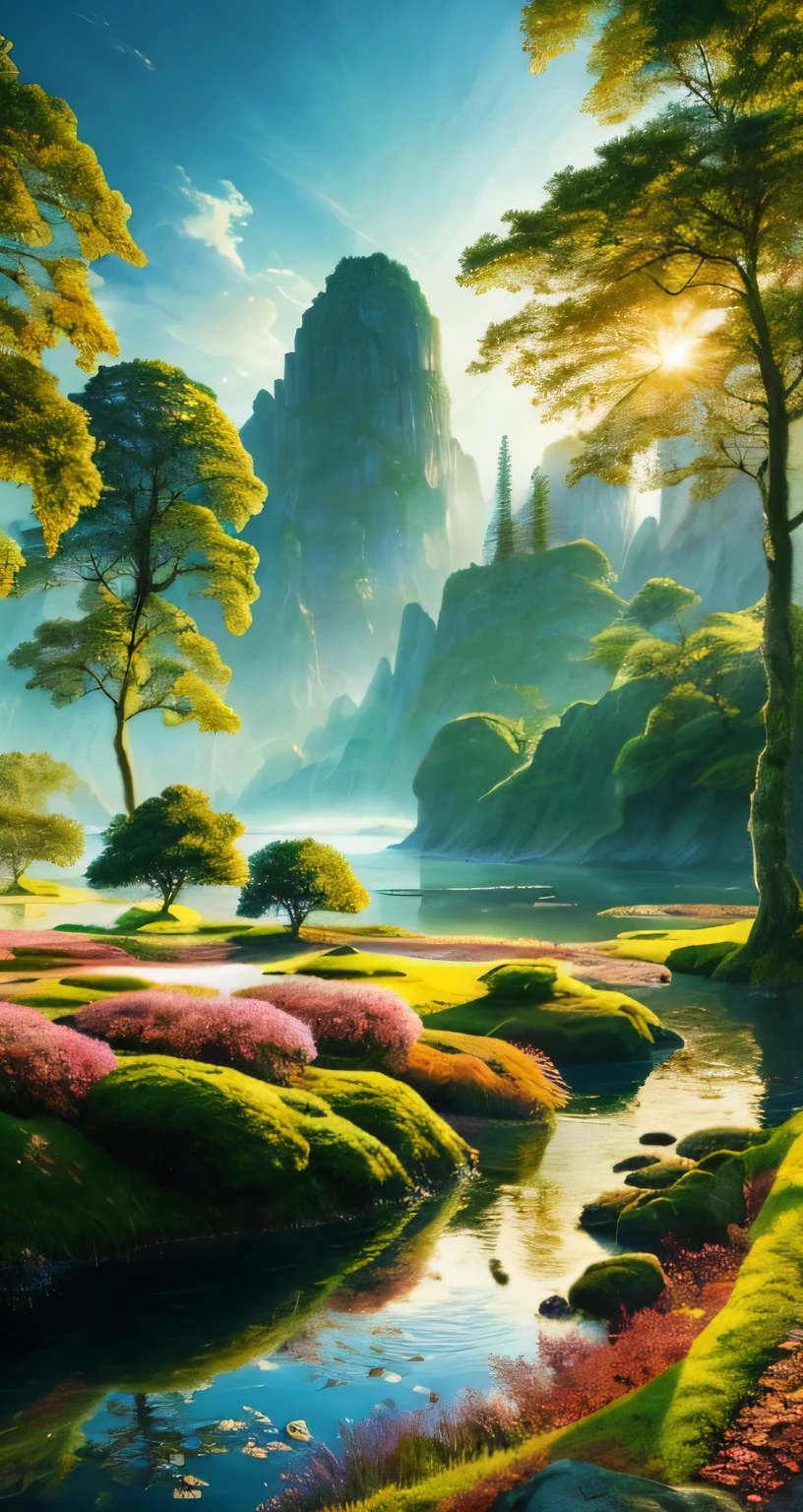 Behold a high quality, extremely detailed CG unity 8k wallpaper of a breathtaking landscape oil painting. Immerse yourself in the intricately depicted scene of verdant hills, tranquil water bodies, and towering trees. The play of sunlight filtering through the foliage, shimmering on the still water, and casting long, delicate shadows adds to the captivating allure of this masterpiece. Appreciate the vibrant colors and the minute details that come to life in this exquisite digital artwork. No human presence tarnishes the pure, untouched beauty of nature in this serene, award-winning scenery. (Fine details: 1.5