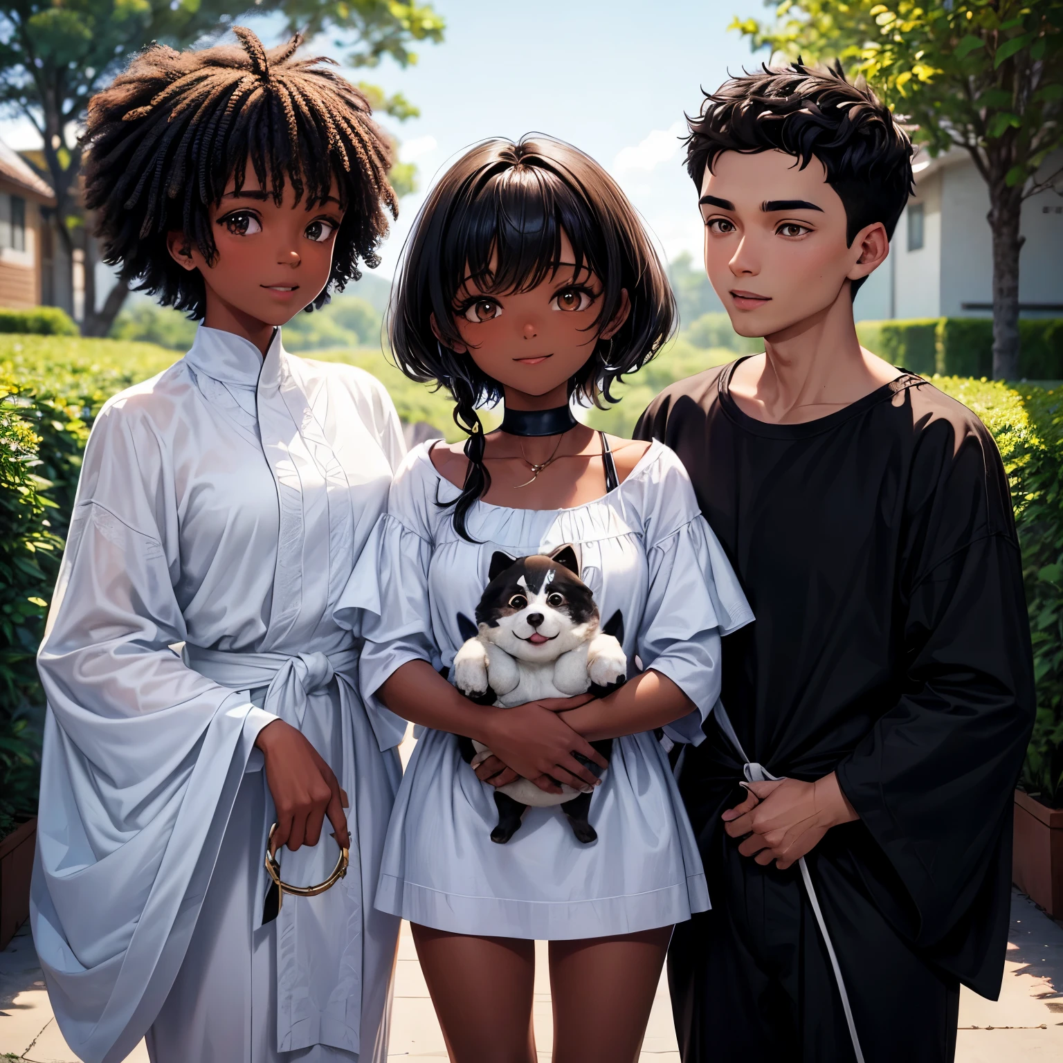Draw a family made up of a black woman ( num tom mais claro), com cabelos cacheados e castanho nas pontas, um homem branco com um cabelo curto, brown eyes and a white and black shitsu dog, and children of the couple with traits of both, they are taking a happy family photo. 